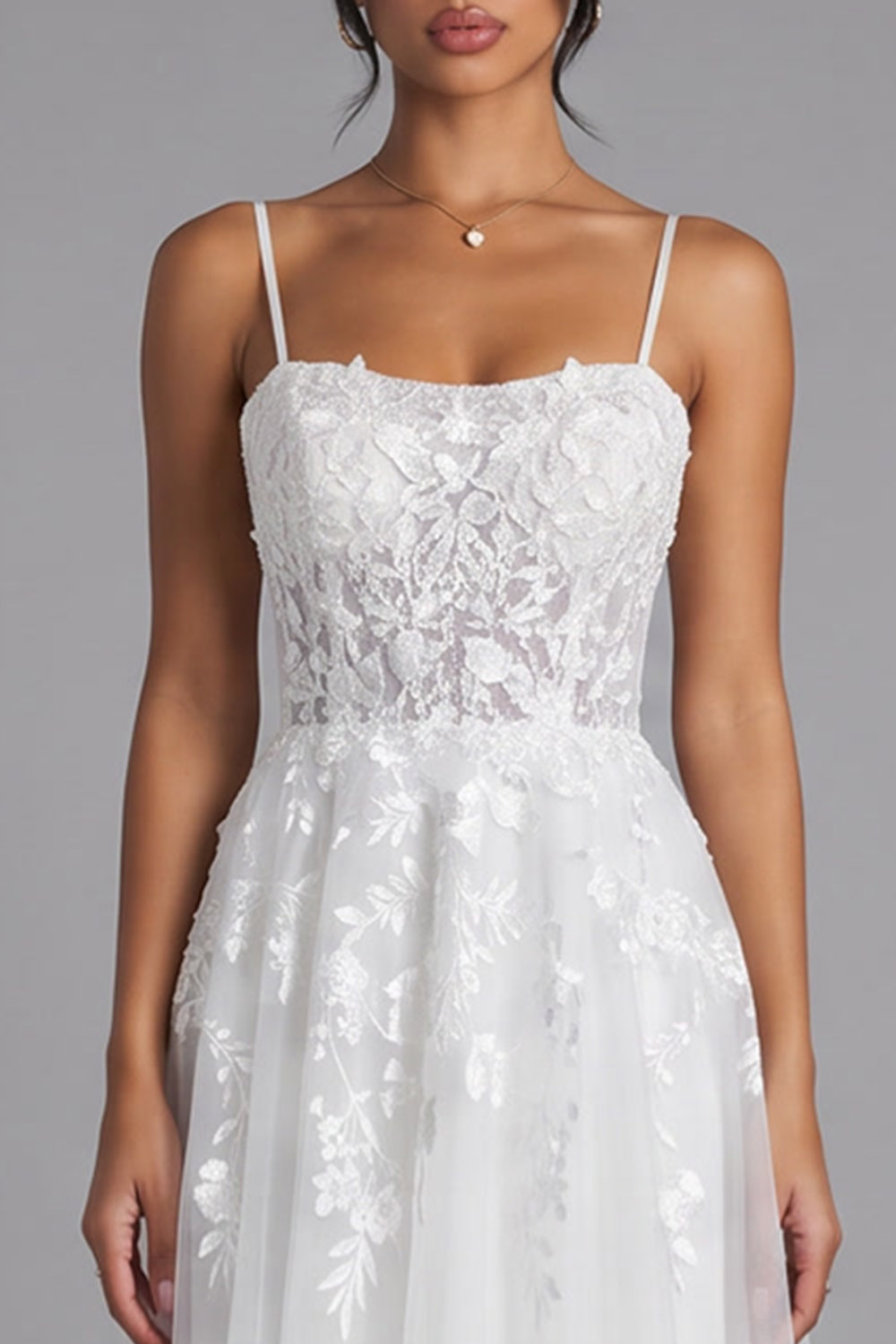 White Corset Spaghetti Straps Appliqued Long Prom Dress