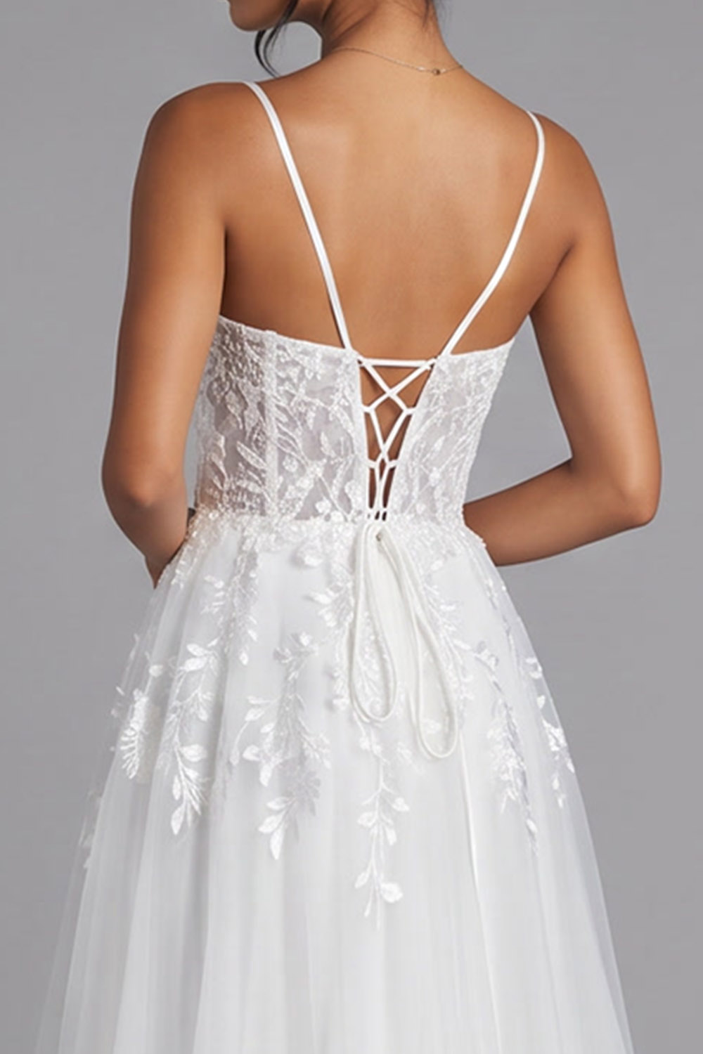 White Corset Spaghetti Straps Appliqued Long Prom Dress