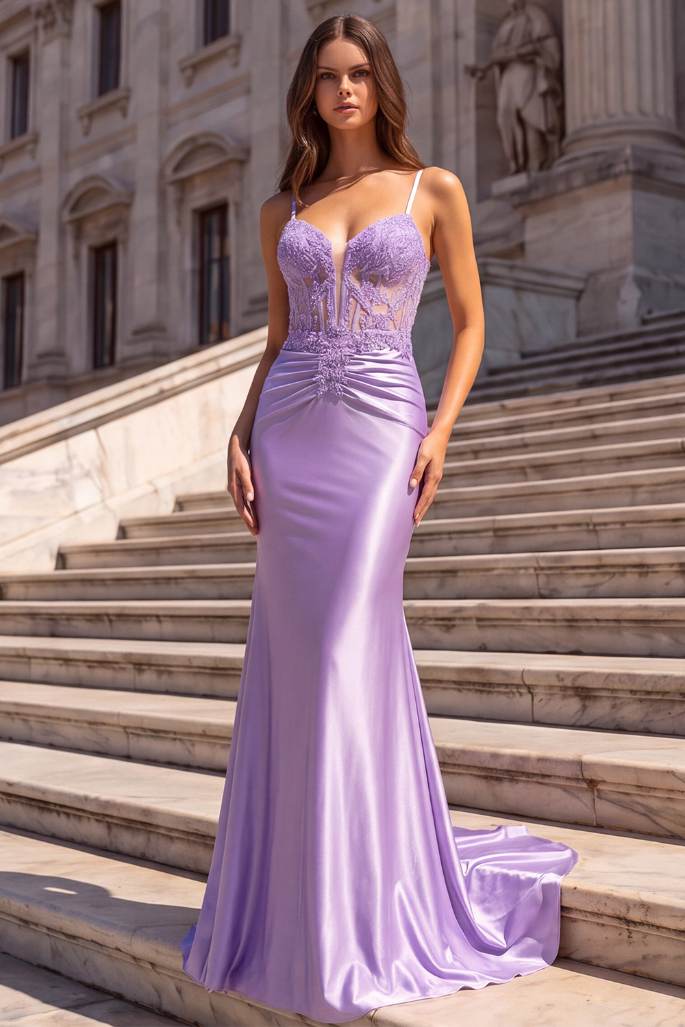 Lilac Mermaid Spaghetti Straps Ruched Long Prom Dress with Appliques