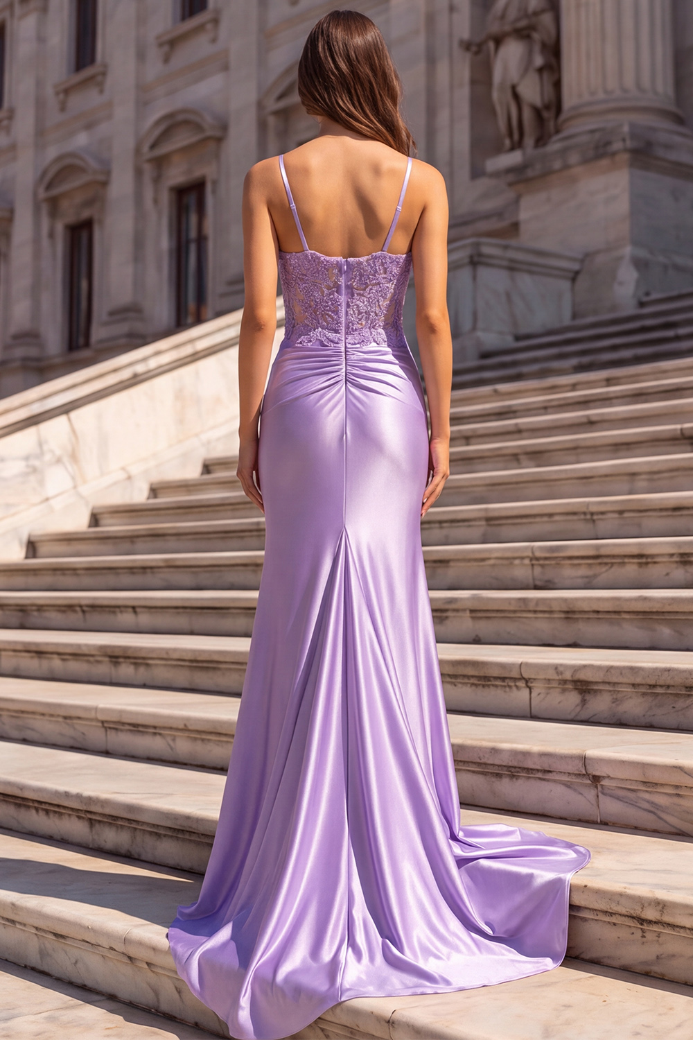 Lilac Mermaid Spaghetti Straps Ruched Long Prom Dress with Appliques