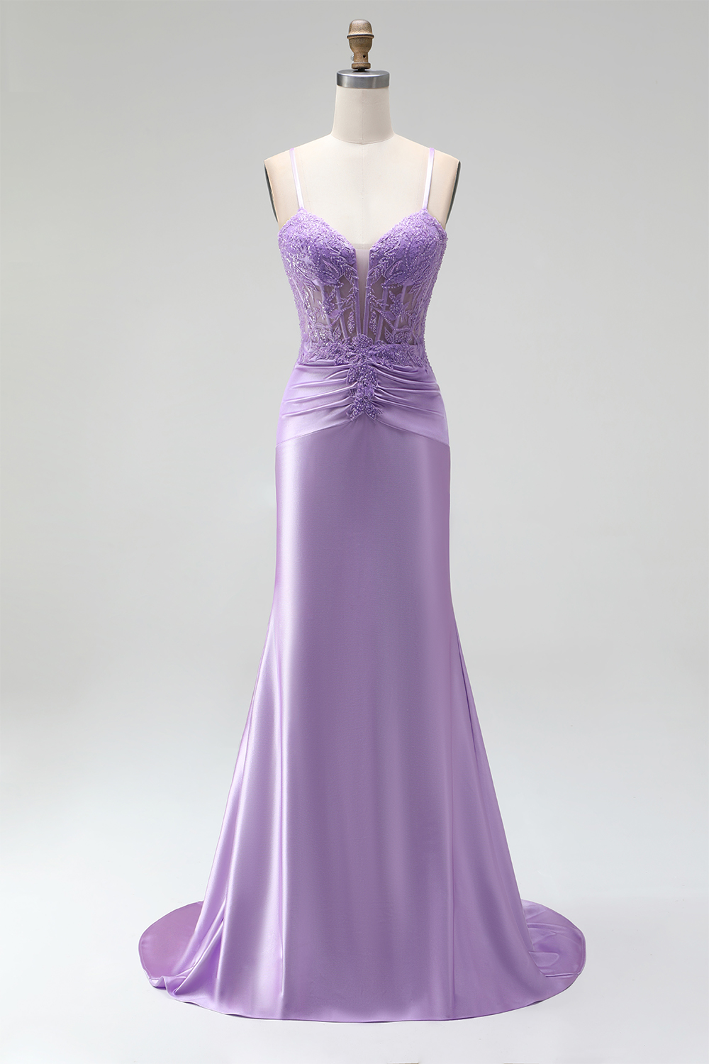 Lilac Mermaid Spaghetti Straps Ruched Long Prom Dress with Appliques