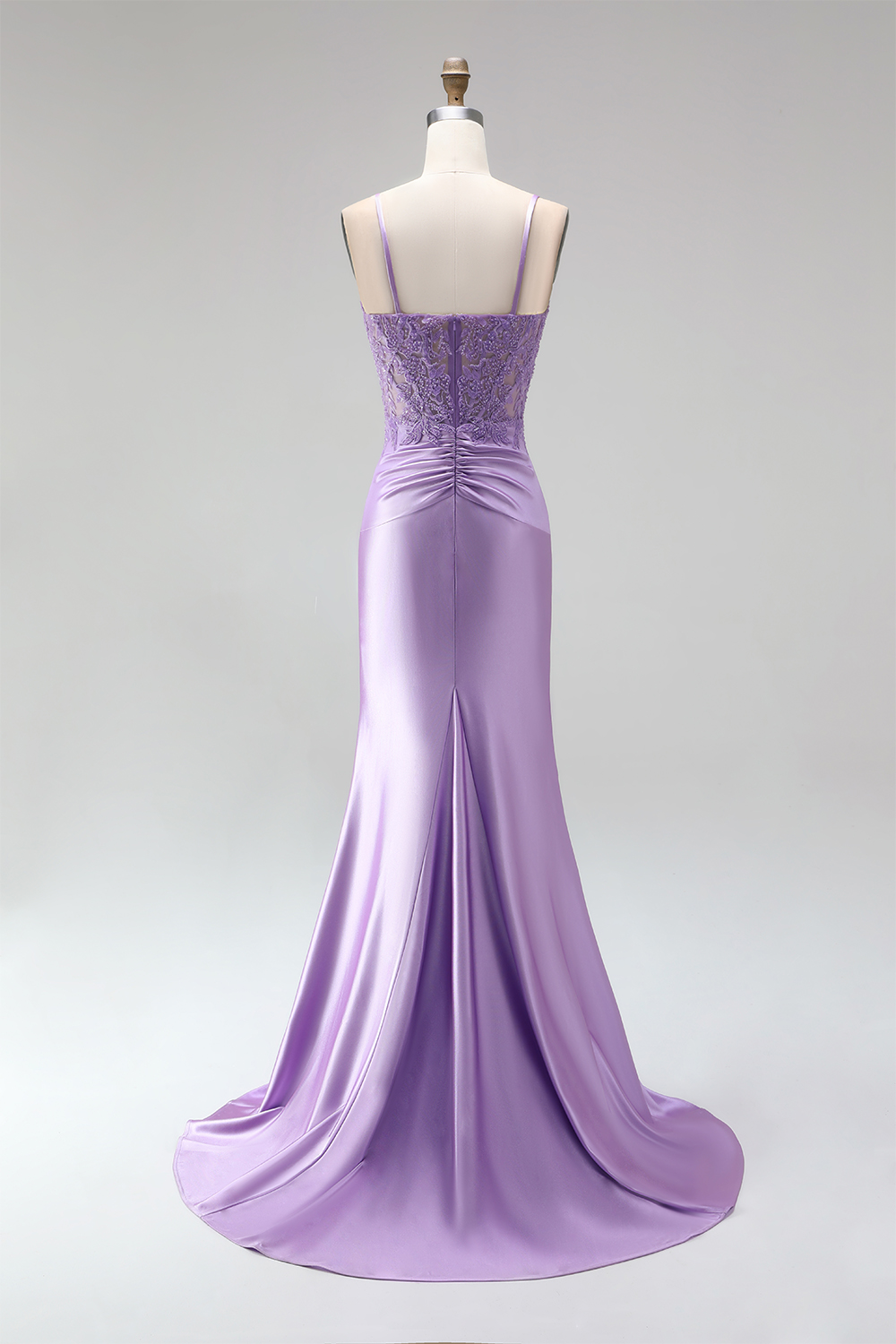 Lilac Mermaid Spaghetti Straps Ruched Long Prom Dress with Appliques
