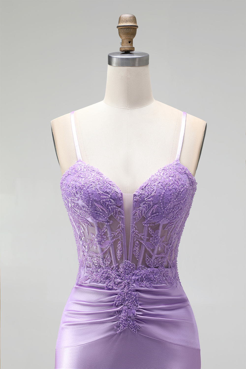 Lilac Mermaid Spaghetti Straps Ruched Long Prom Dress with Appliques