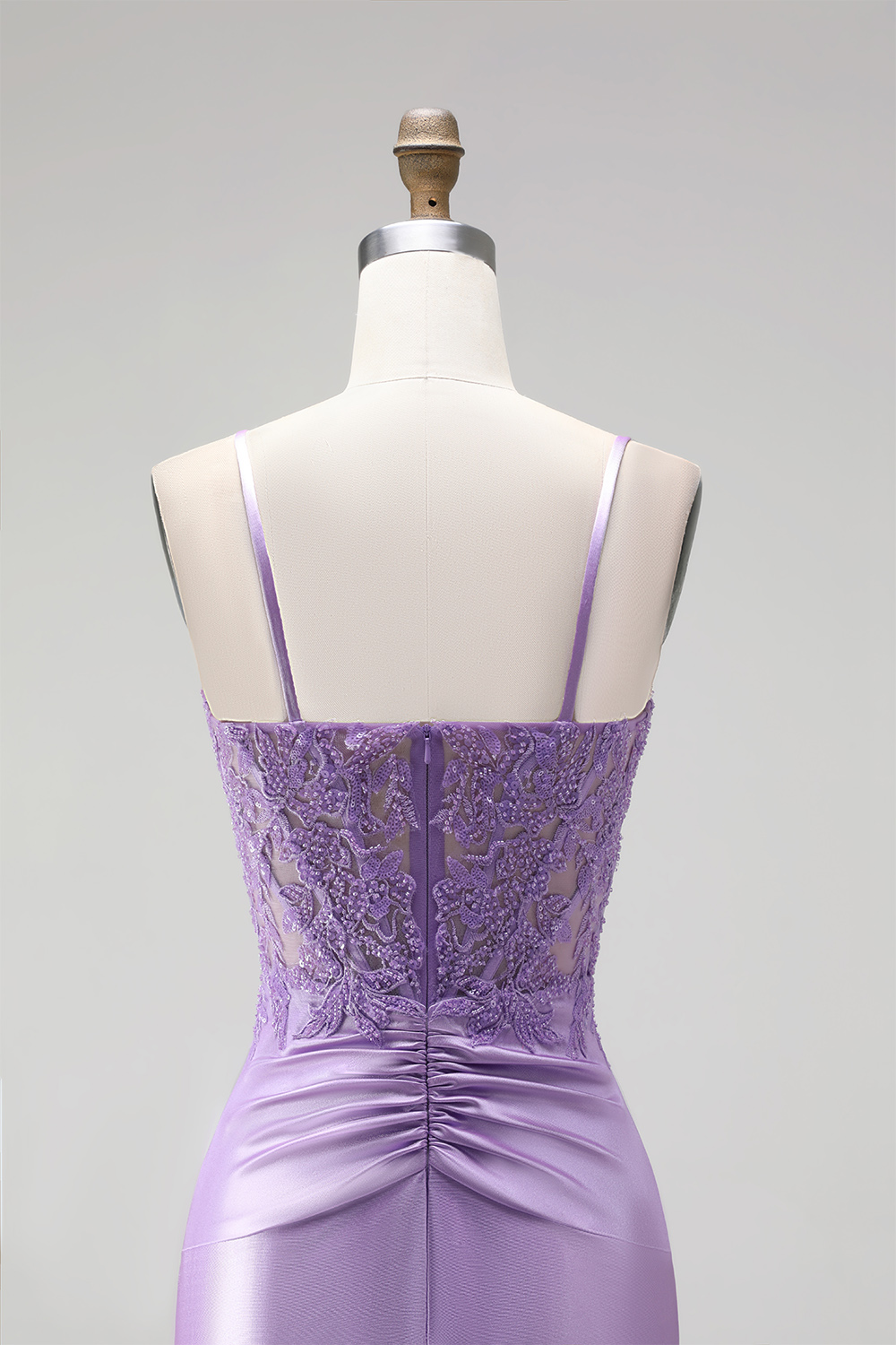 Lilac Mermaid Spaghetti Straps Ruched Long Prom Dress with Appliques