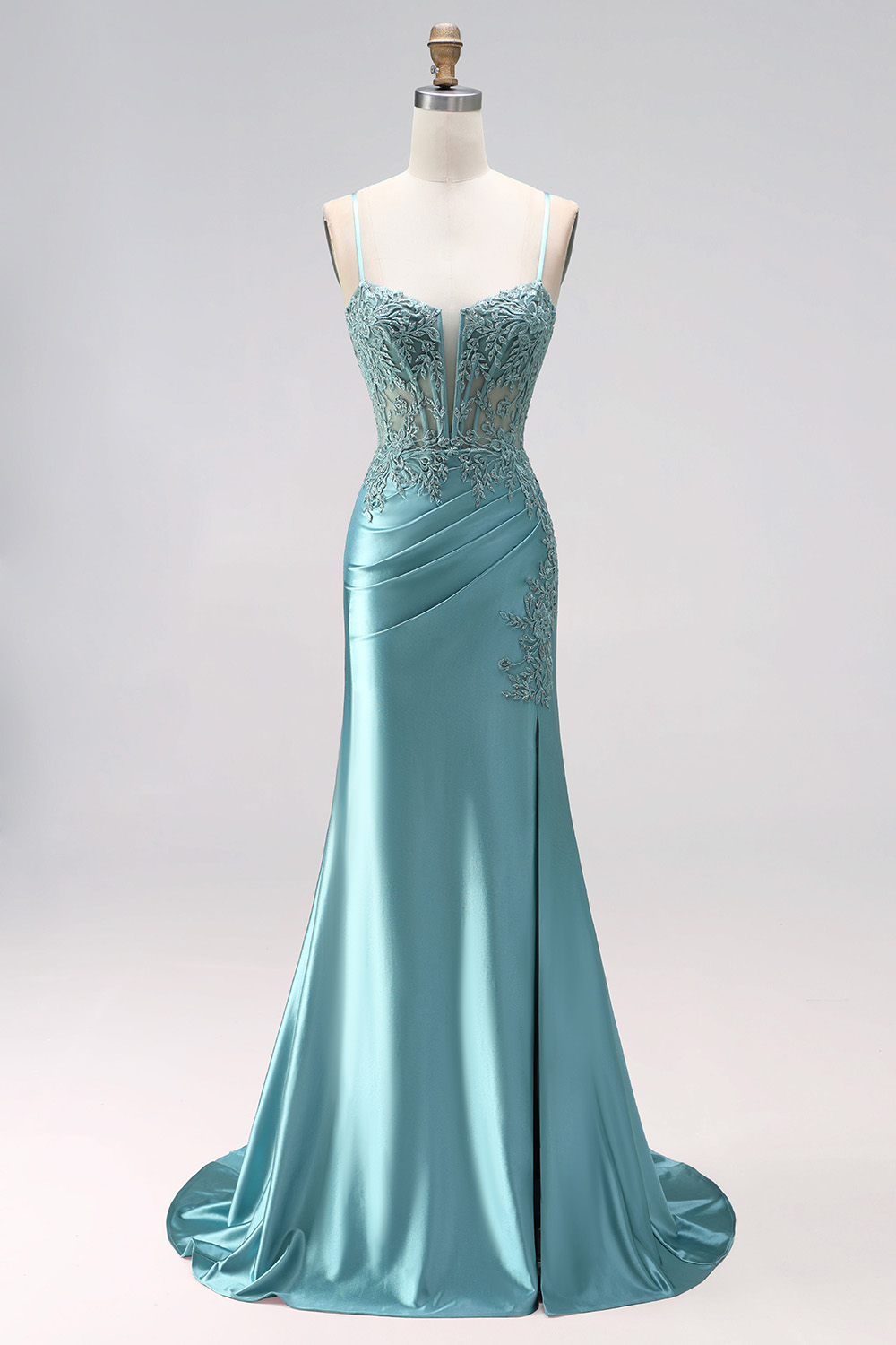 Blue Floral Corset Mermaid Spaghetti Straps Long Prom Dress with Slit