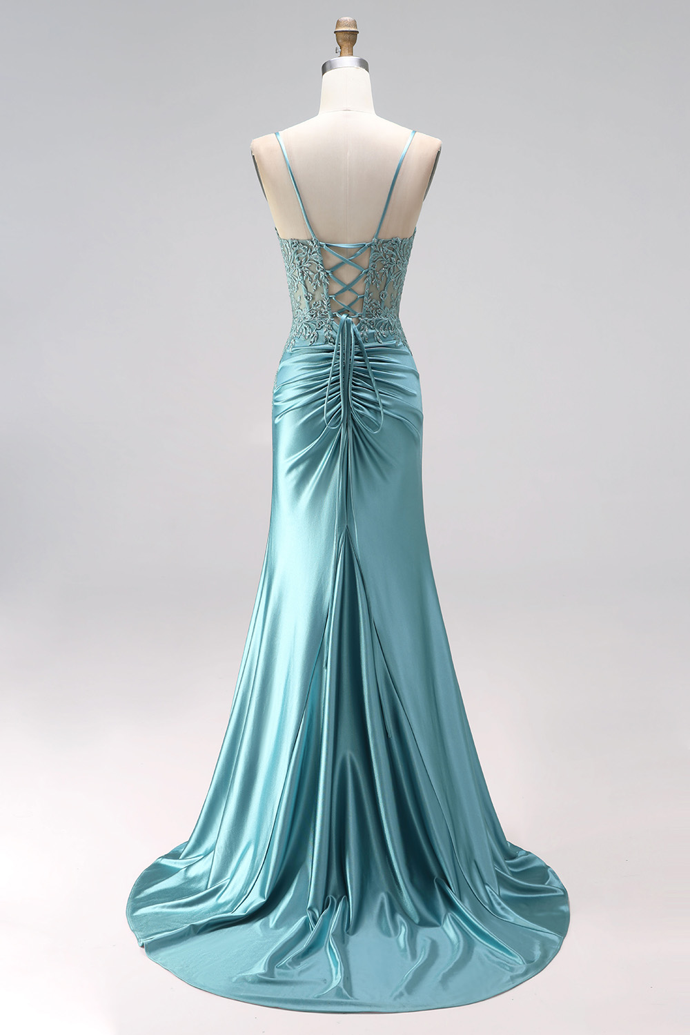 Blue Floral Corset Mermaid Spaghetti Straps Long Prom Dress with Slit