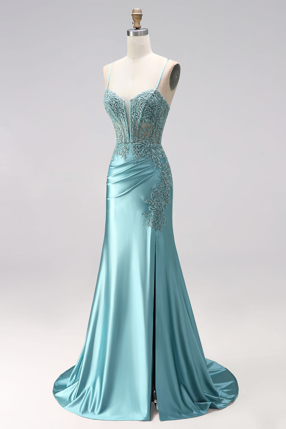 Blue Floral Corset Mermaid Spaghetti Straps Long Prom Dress with Slit