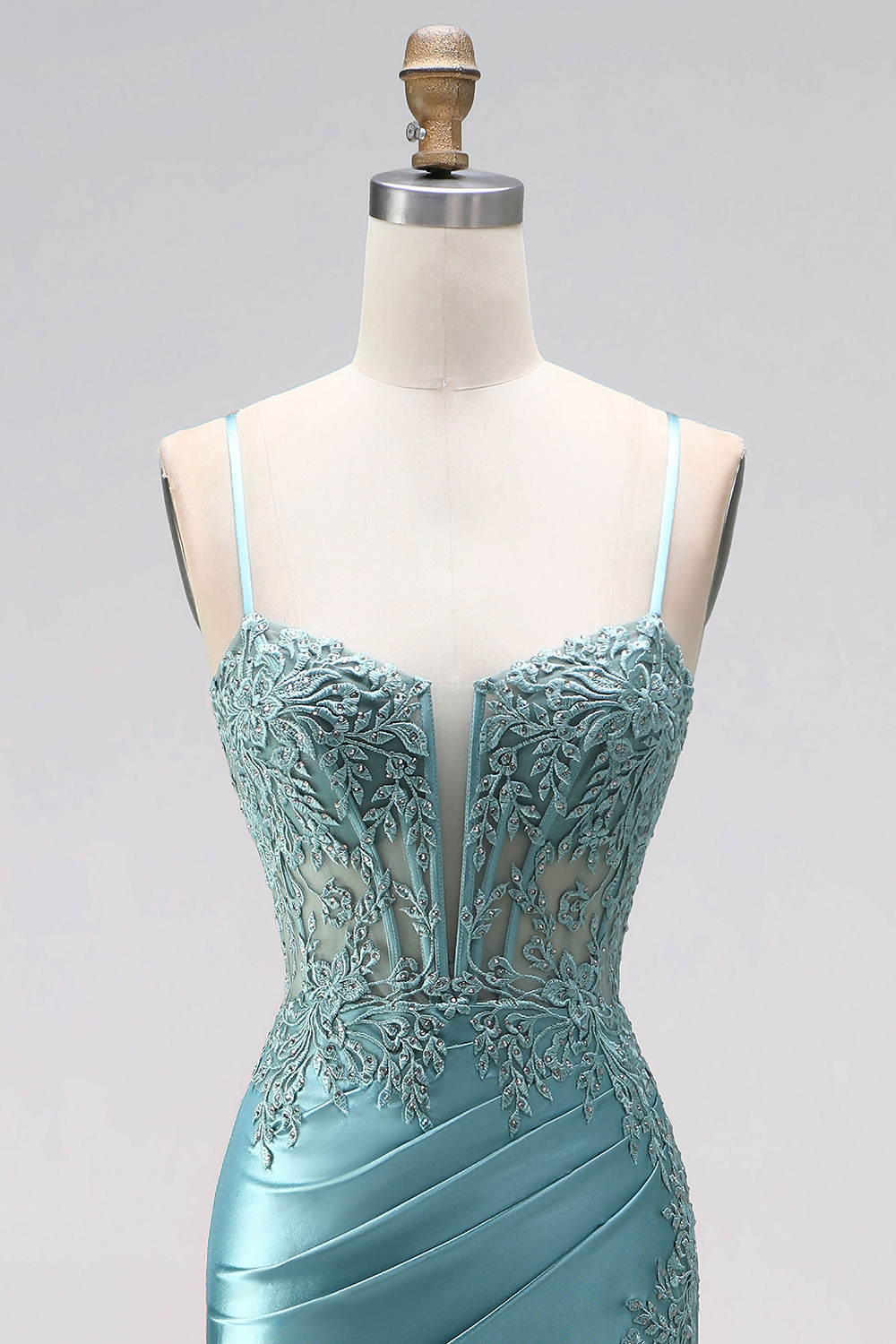 Blue Floral Corset Mermaid Spaghetti Straps Long Prom Dress with Slit