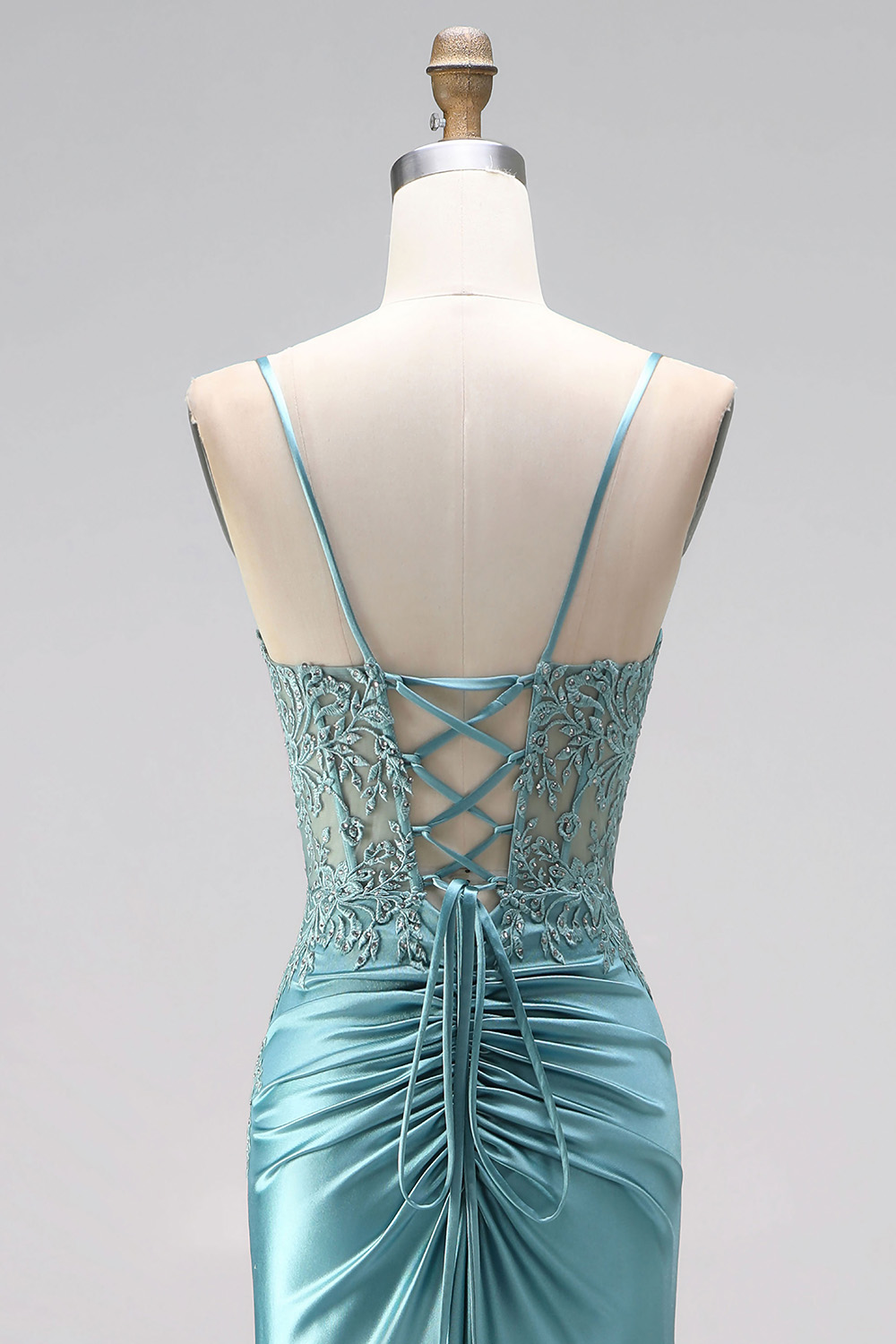 Blue Floral Corset Mermaid Spaghetti Straps Long Prom Dress with Slit