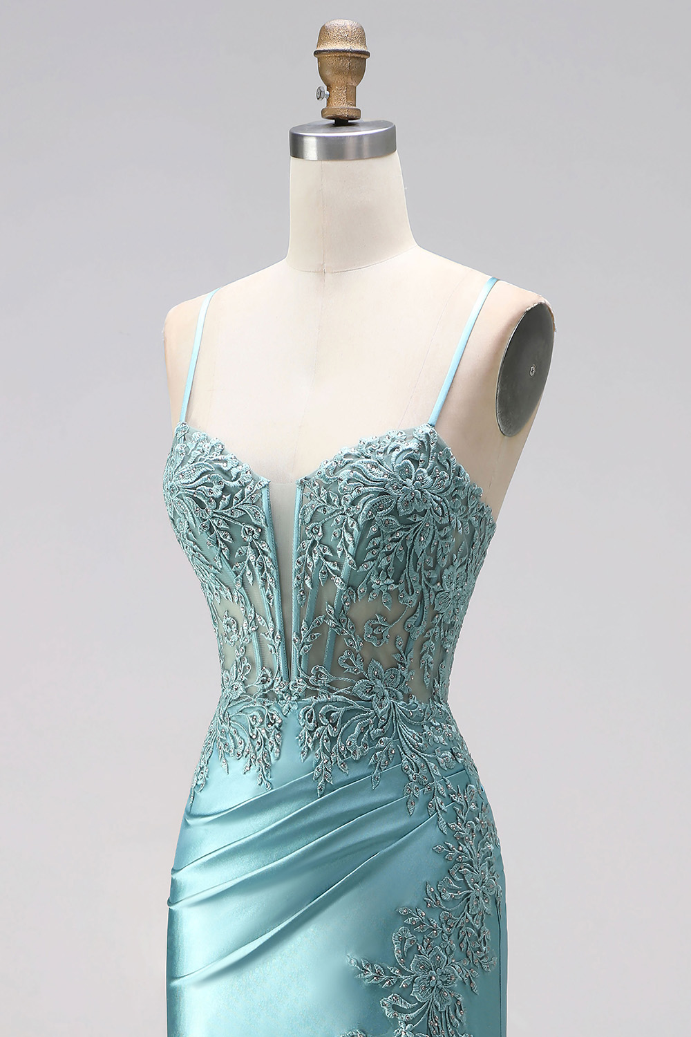 Blue Floral Corset Mermaid Spaghetti Straps Long Prom Dress with Slit