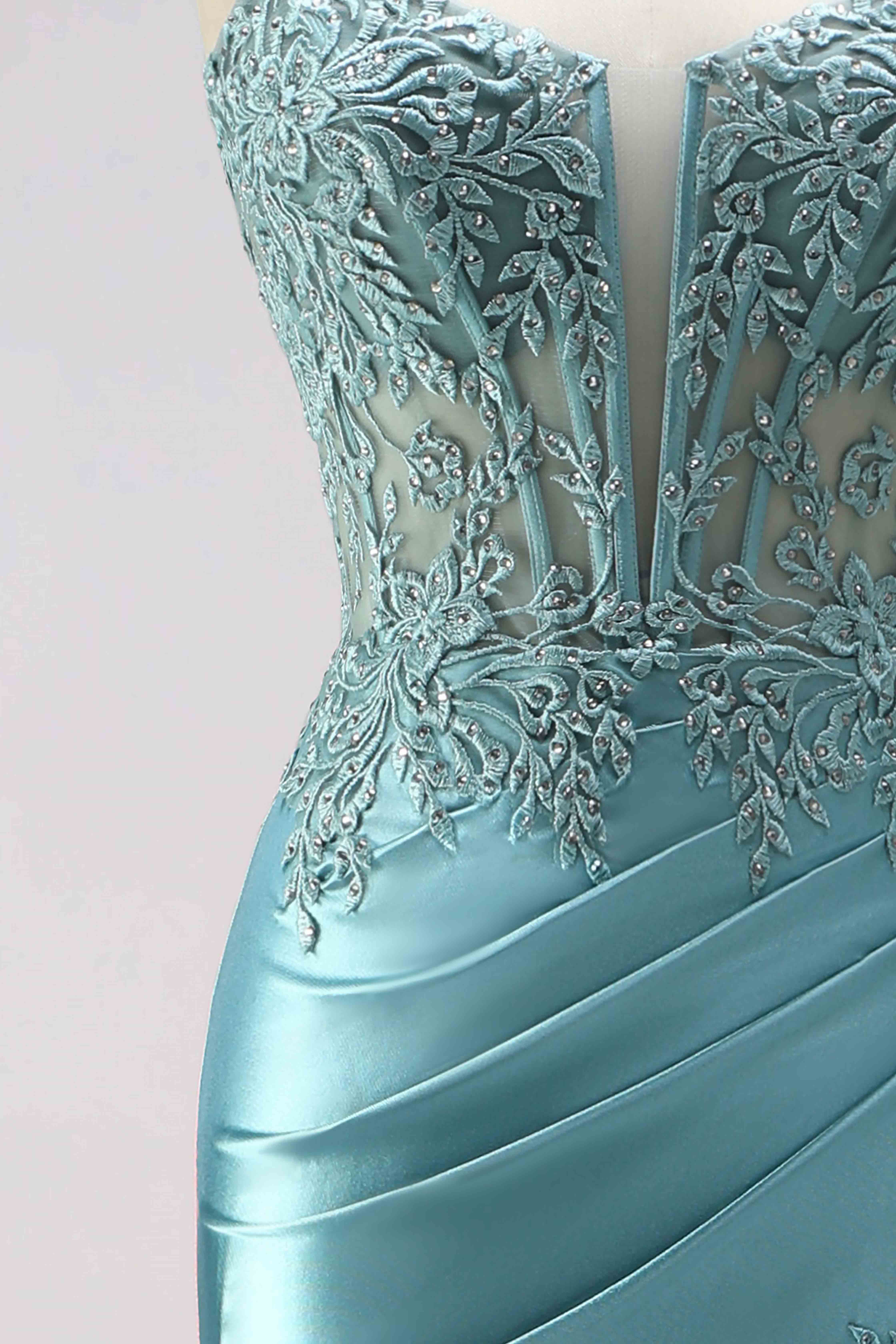 Blue Floral Corset Mermaid Spaghetti Straps Long Prom Dress with Slit