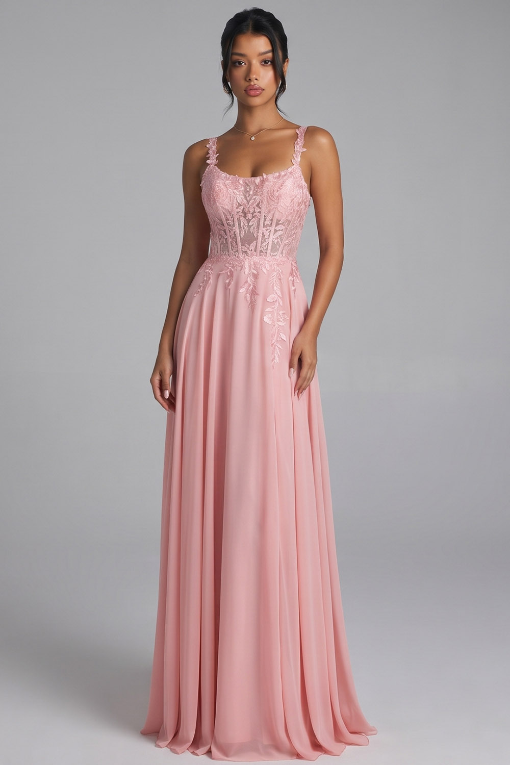 Pink Corset A-Line Scoop Neck Long Prom Dress with Appliques