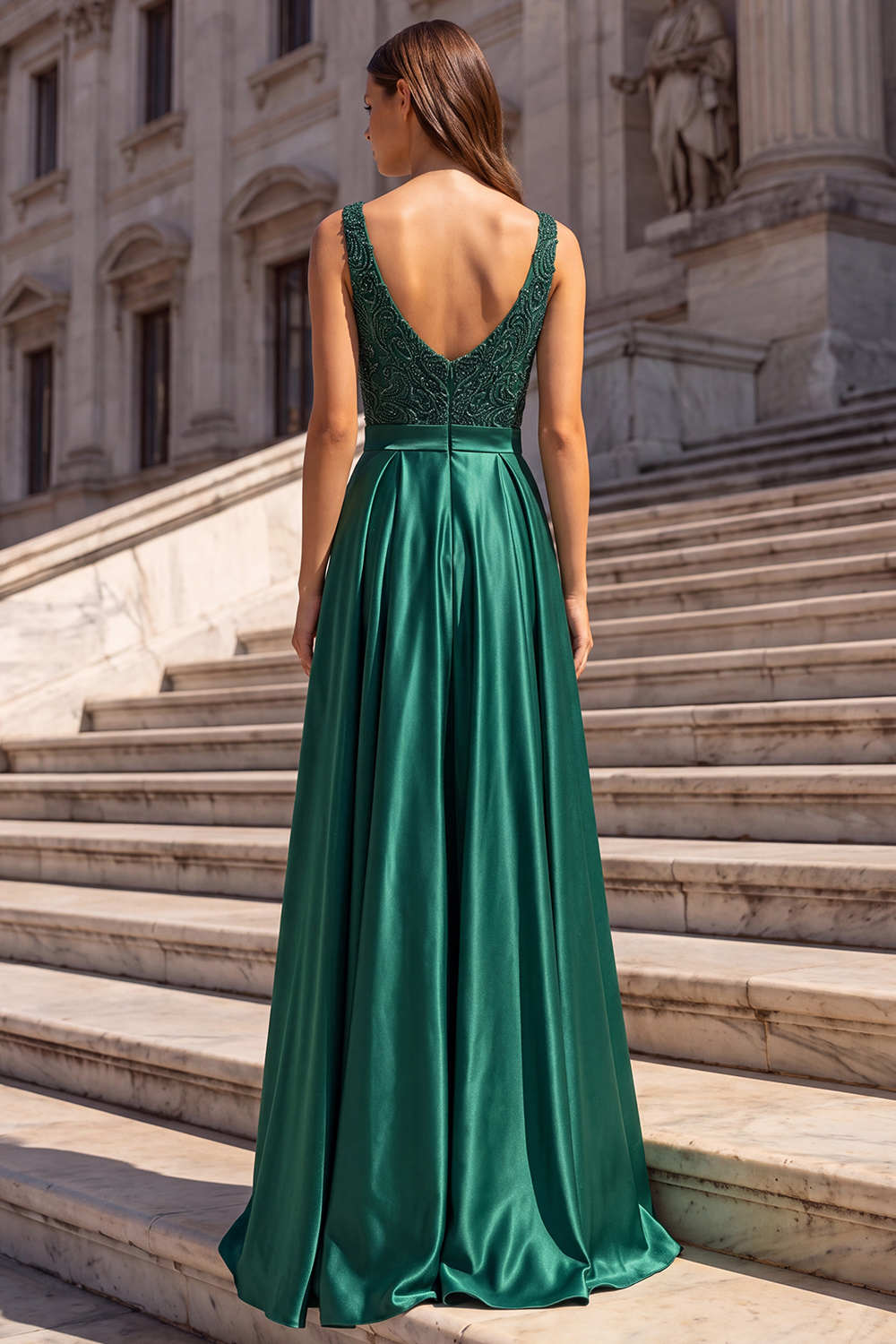 Dark Green A-Line V-Neck Beaded Long Prom Dress