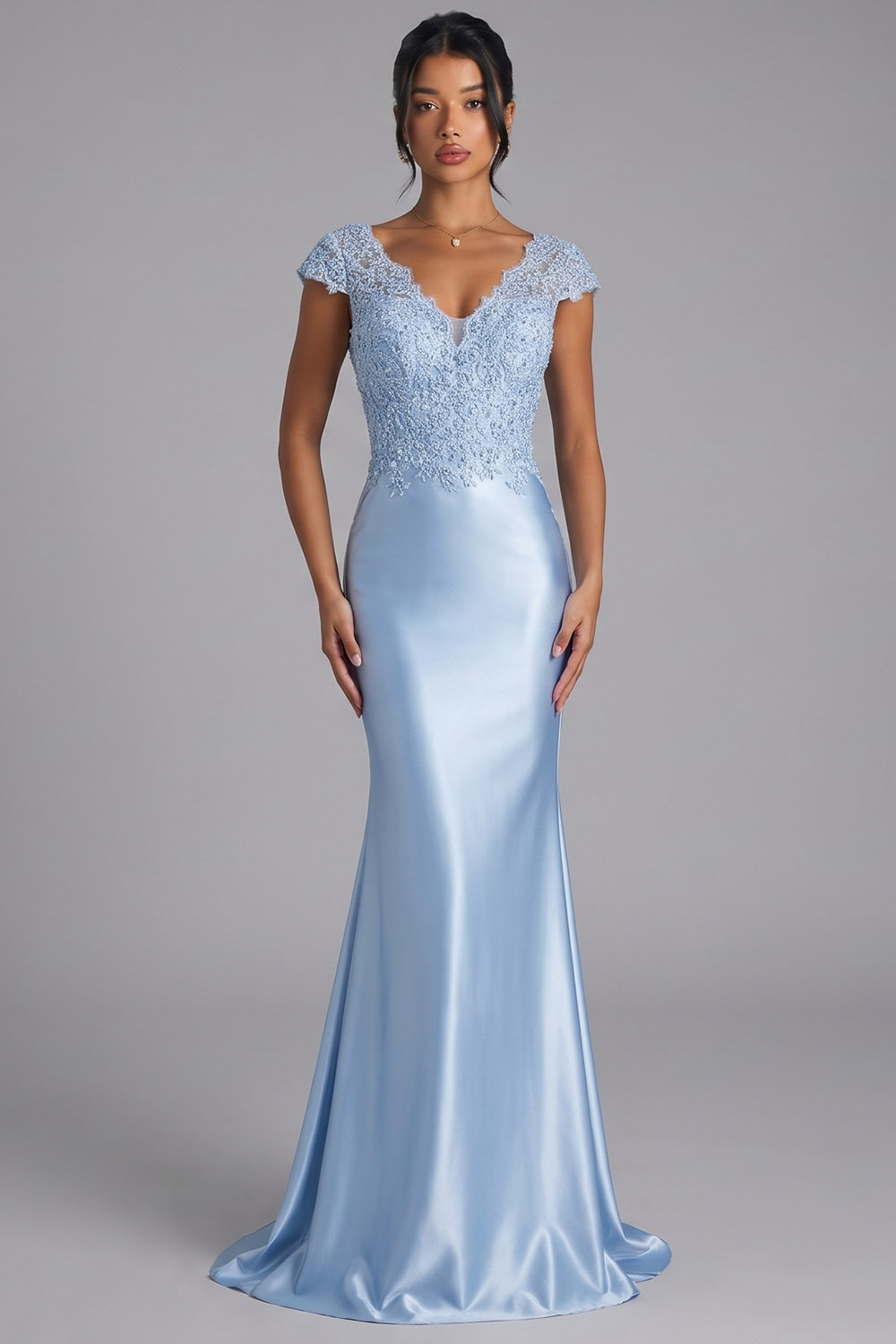 Light Blue Mermaid V-Neck Cap Sleeves Long Prom Dress with Lace