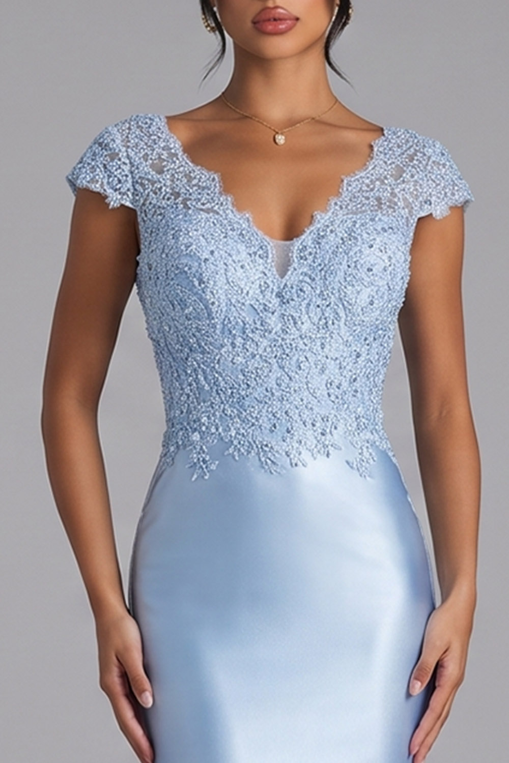 Light Blue Mermaid V-Neck Cap Sleeves Long Prom Dress with Lace