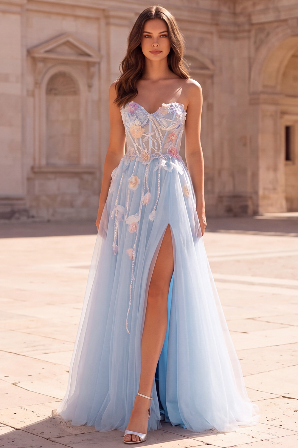Light Blue Corset A-Line Sweetheart Long Prom Dress with Slit