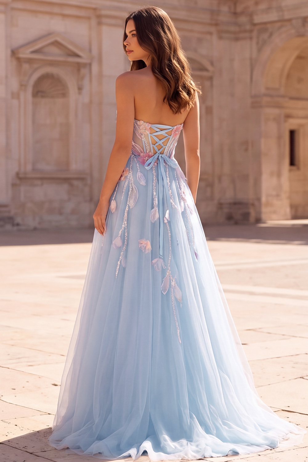 Light Blue Corset A-Line Sweetheart Long Prom Dress with Slit