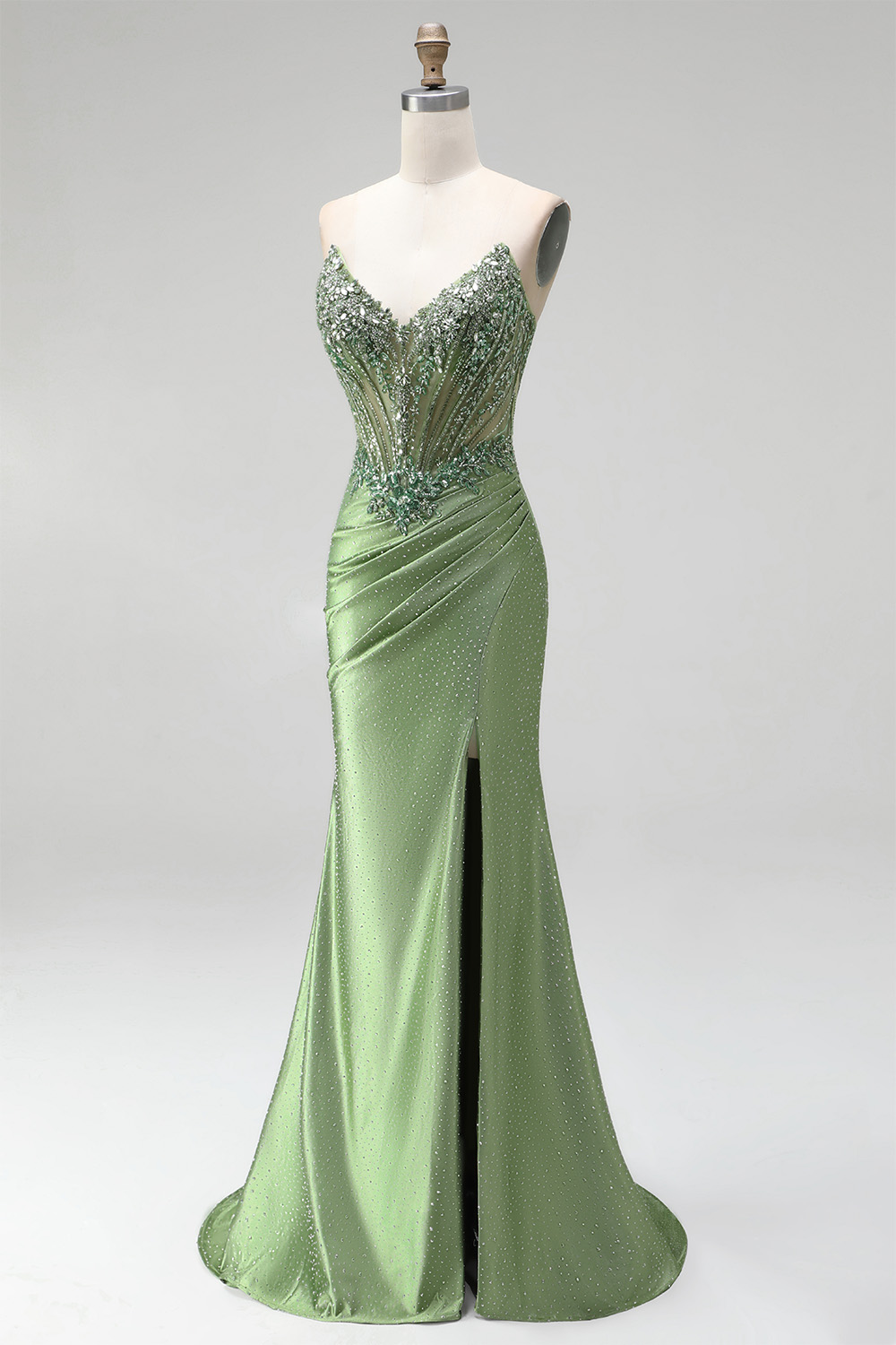 Green Mermaid Sweetheart Ruched Long Prom Dress with Beading