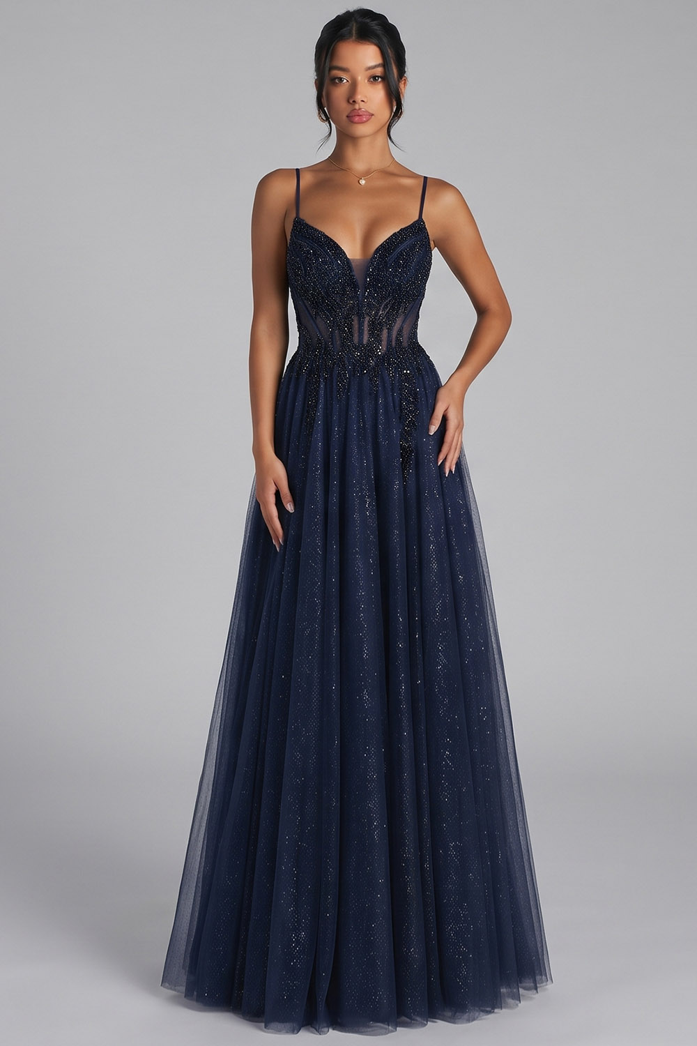 Dark Navy Sparkly A-Line Corset Long Prom Dress with Beading