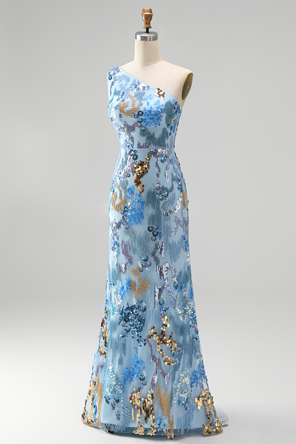 Sparkly Sequin Blue Floral Beaded Long Prom Dress