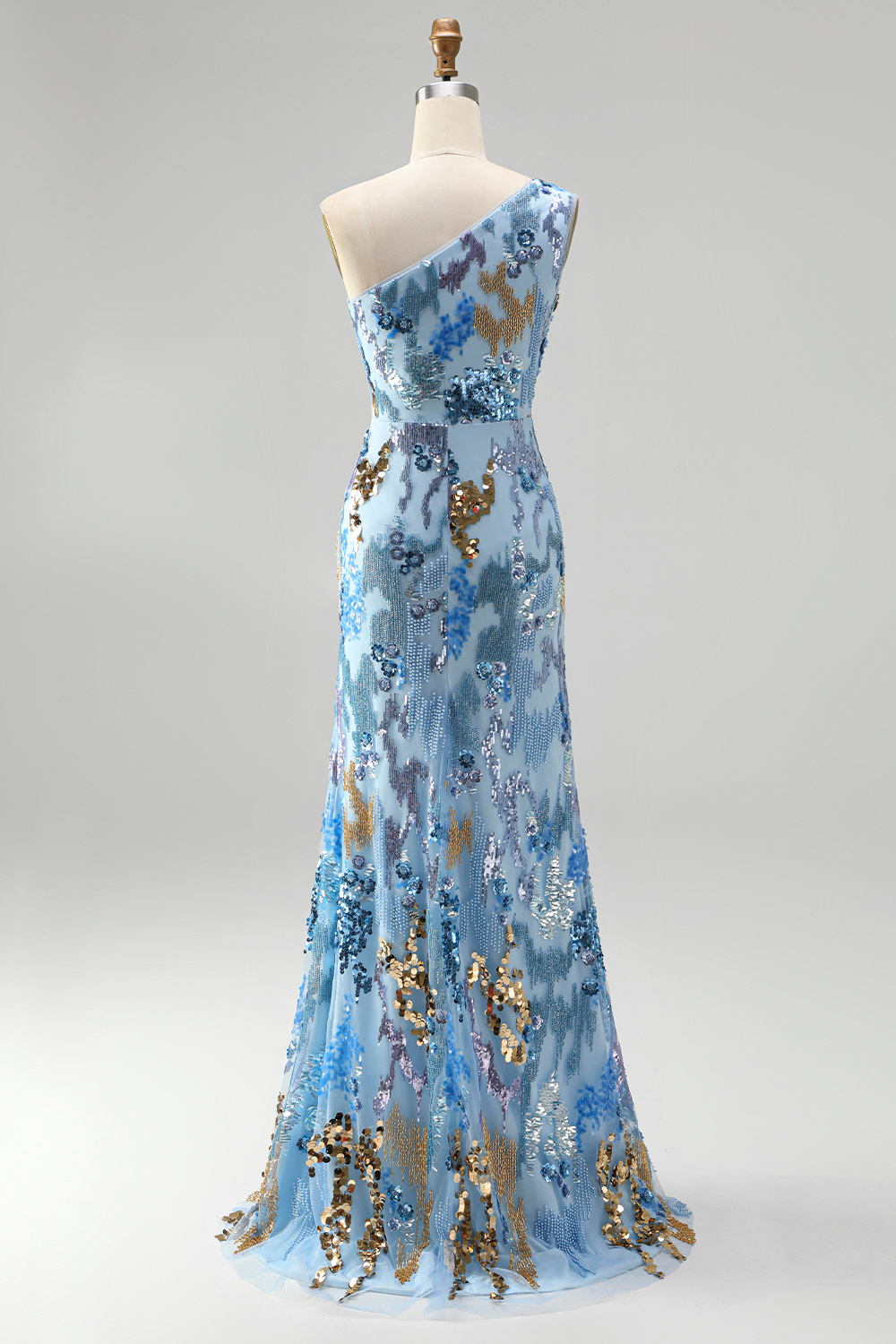Sparkly Sequin Blue Floral Beaded Long Prom Dress