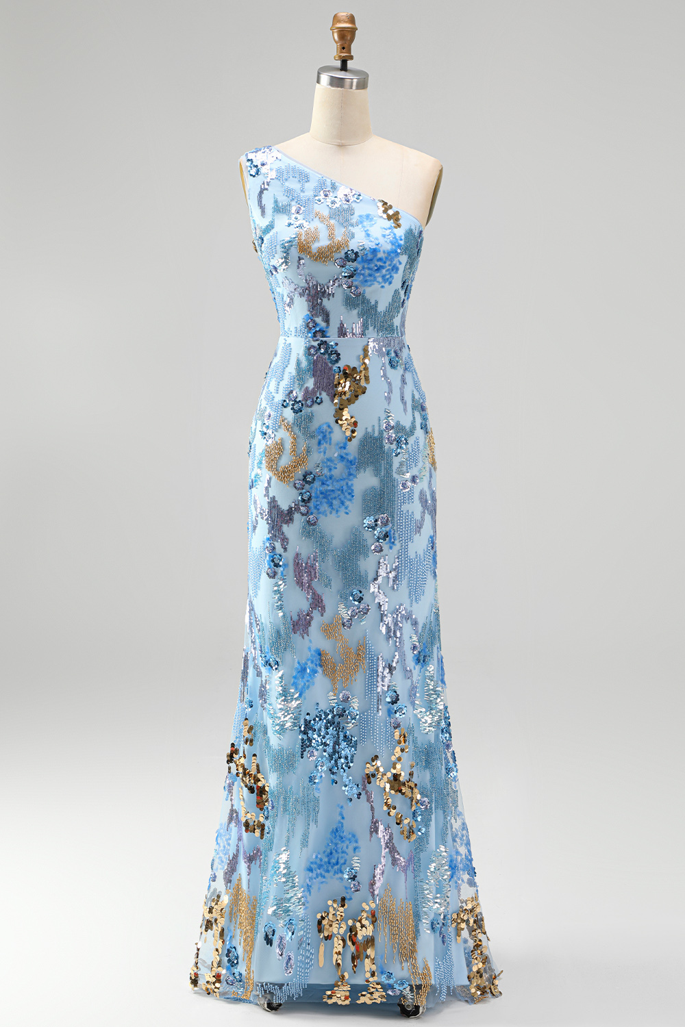 Sparkly Sequin Blue Floral Beaded Long Prom Dress
