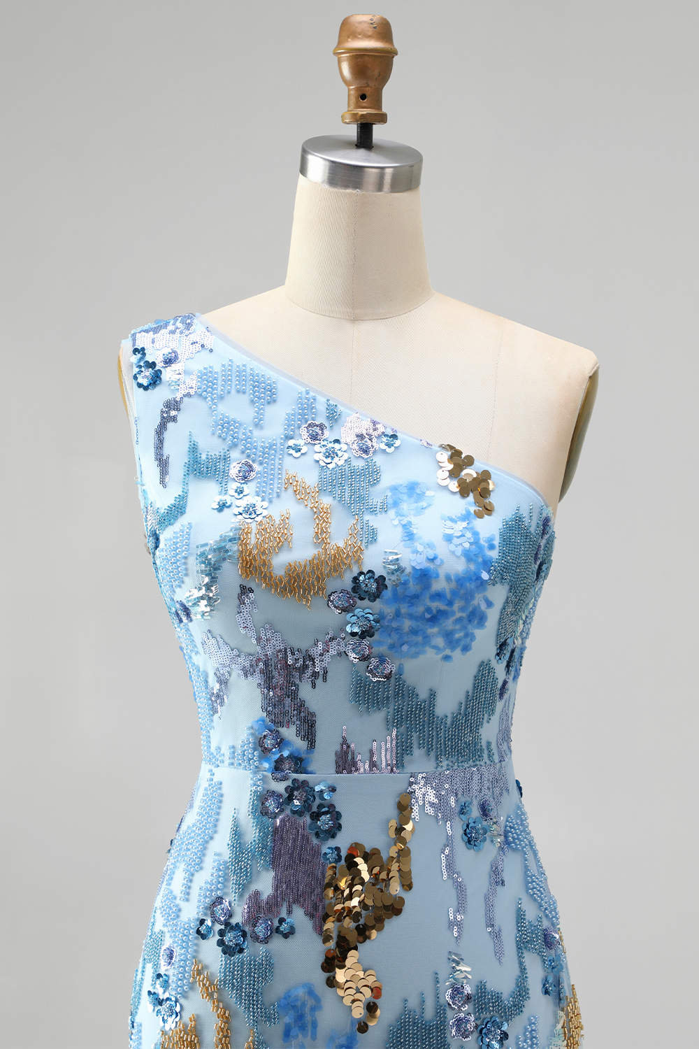 Sparkly Sequin Blue Floral Beaded Long Prom Dress