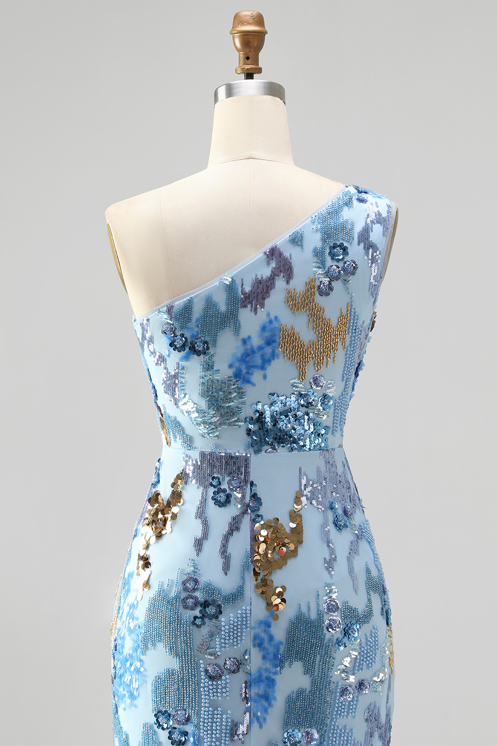 Sparkly Sequin Blue Floral Beaded Long Prom Dress