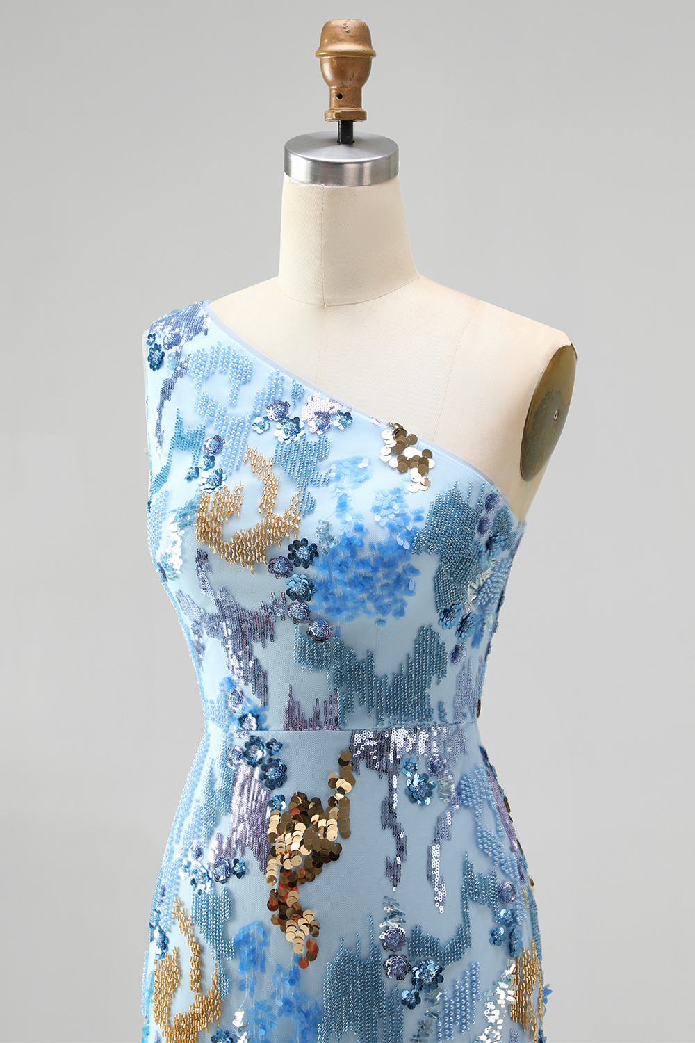 Sparkly Sequin Blue Floral Beaded Long Prom Dress