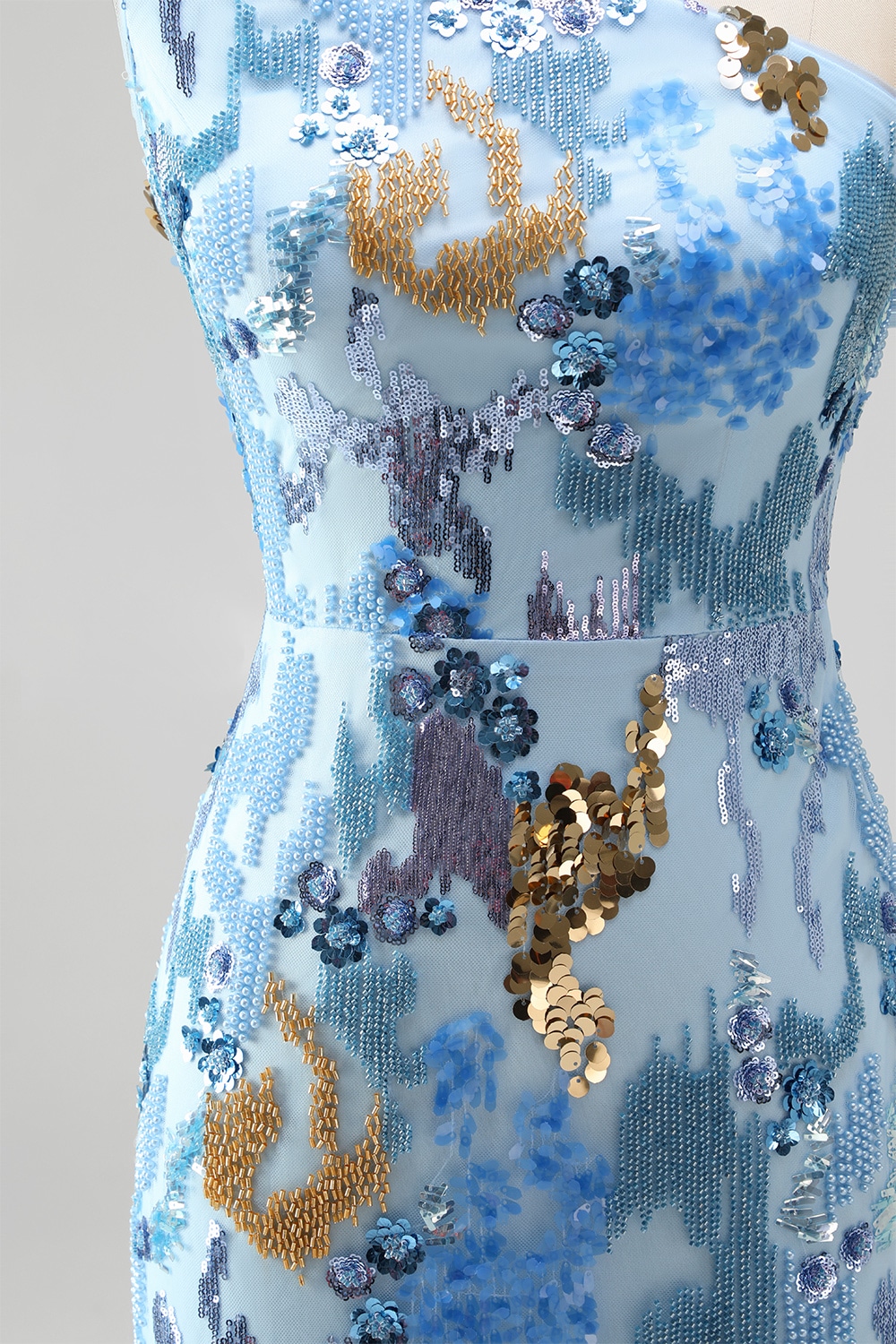 Sparkly Sequin Blue Floral Beaded Long Prom Dress