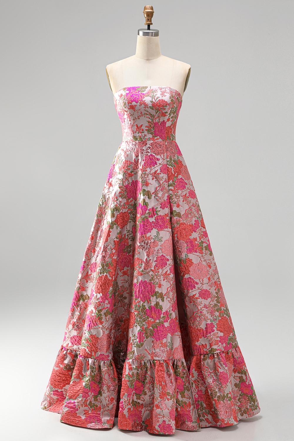 Red Flower A Line Embroidered Strapless Long Prom Dress with Slit