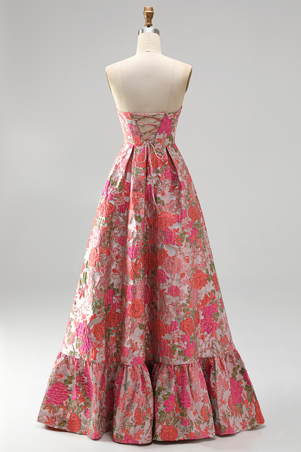 Red Flower A Line Embroidered Strapless Long Prom Dress with Slit