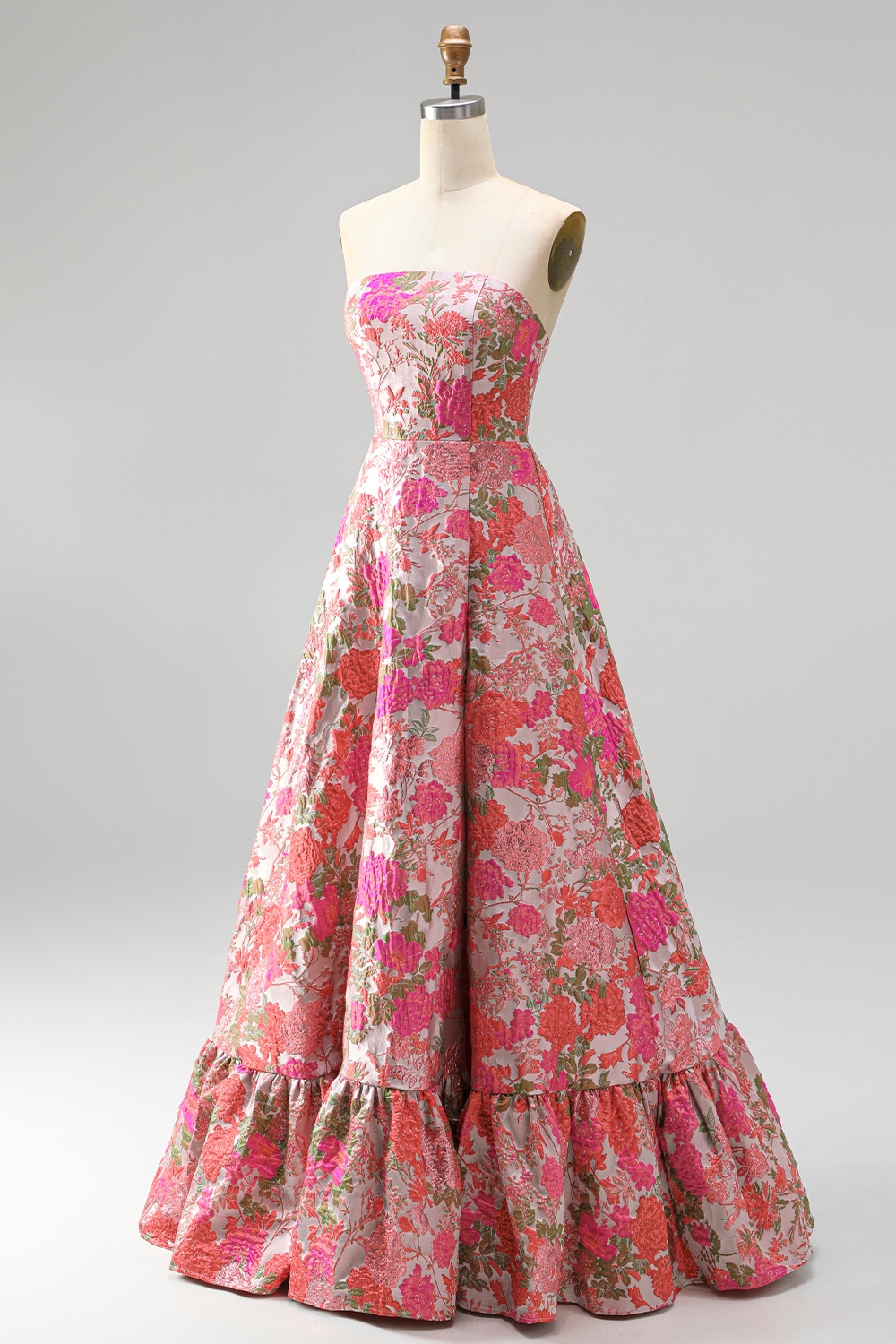 Red Flower A Line Embroidered Strapless Long Prom Dress with Slit