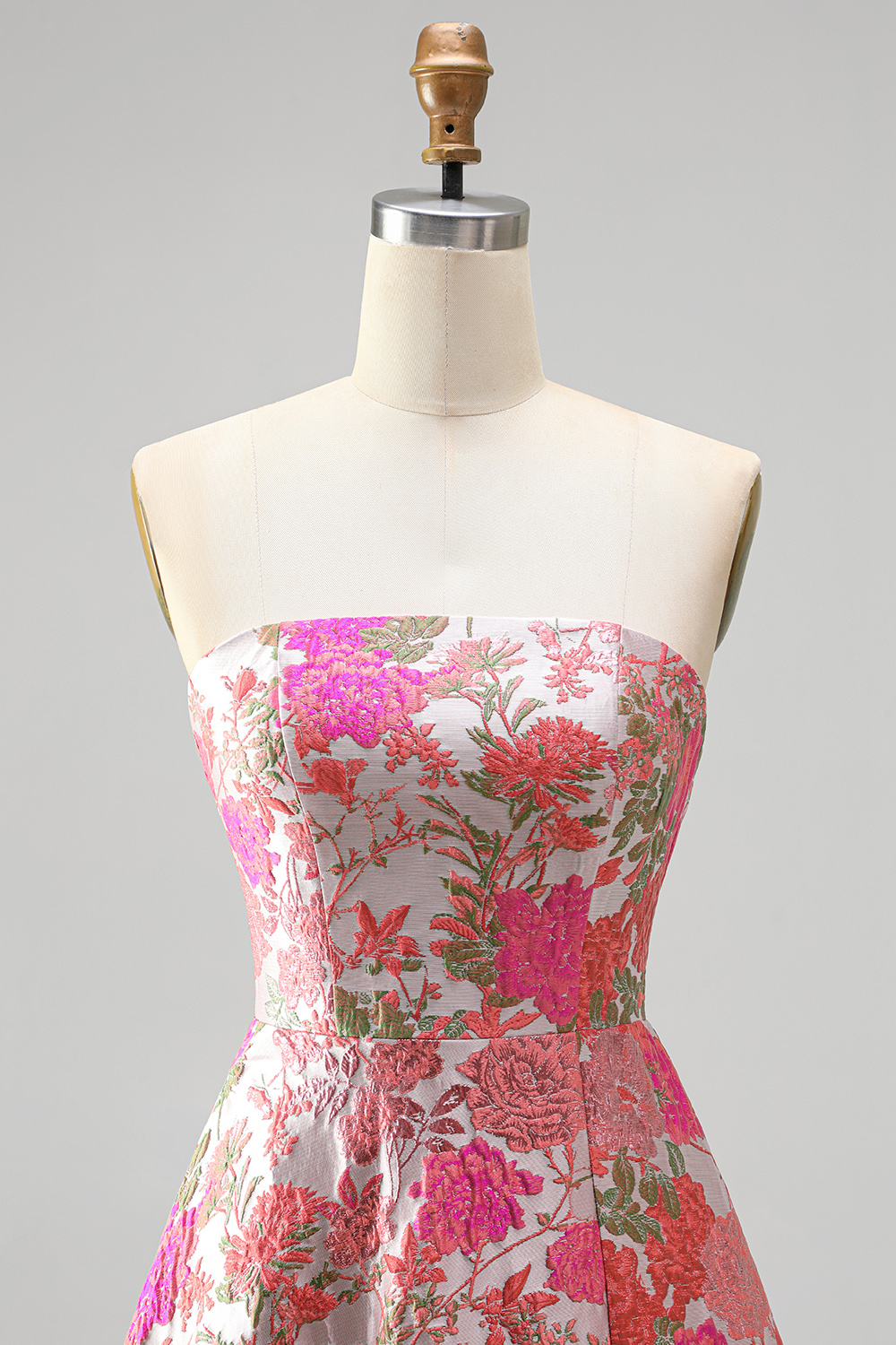Red Flower A Line Embroidered Strapless Long Prom Dress with Slit