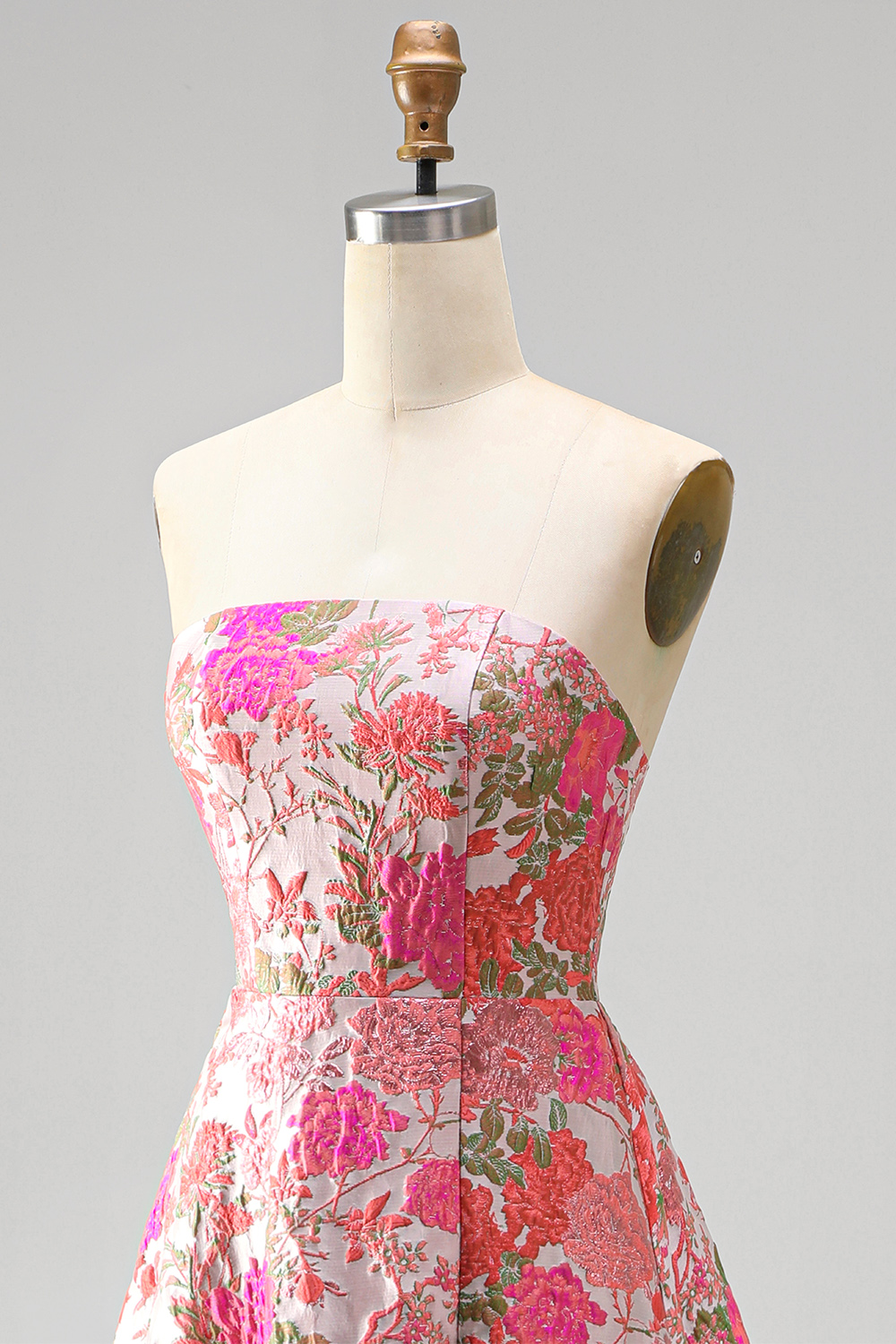 Red Flower A Line Embroidered Strapless Long Prom Dress with Slit
