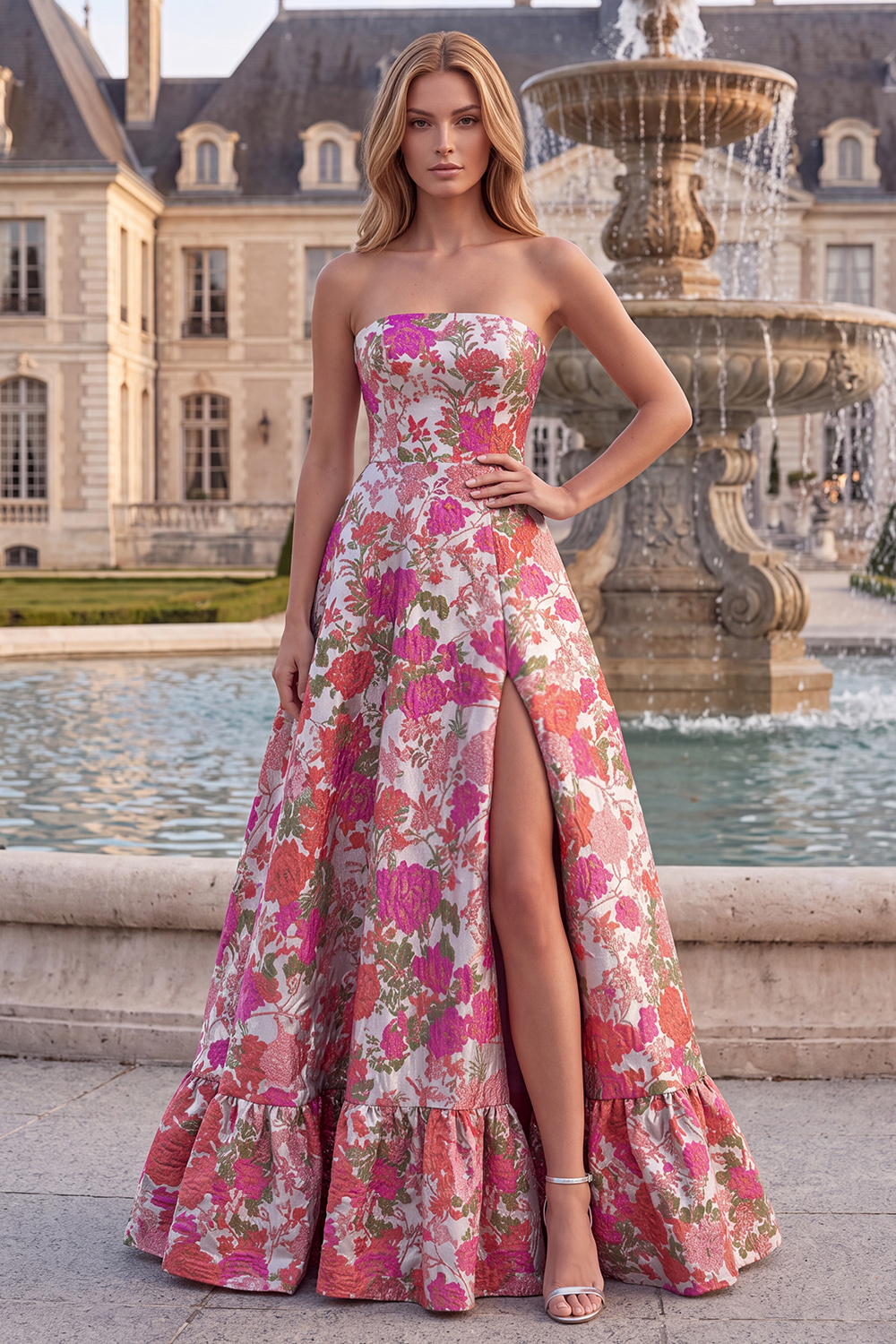 Red Flower A Line Embroidered Strapless Long Prom Dress with Slit