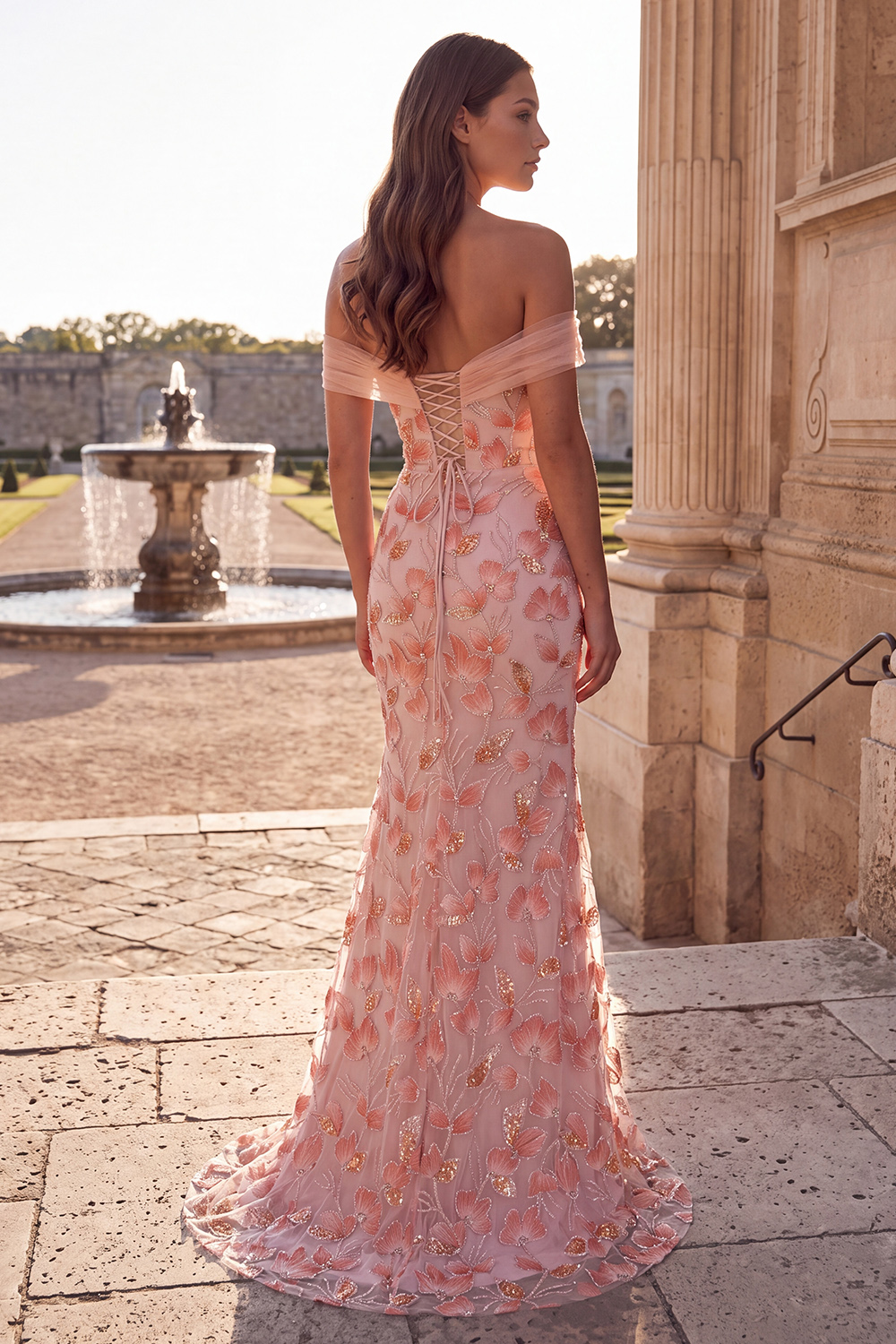 Floral Sparkly Pink Mermaid Long Prom Dress with Rhinestone