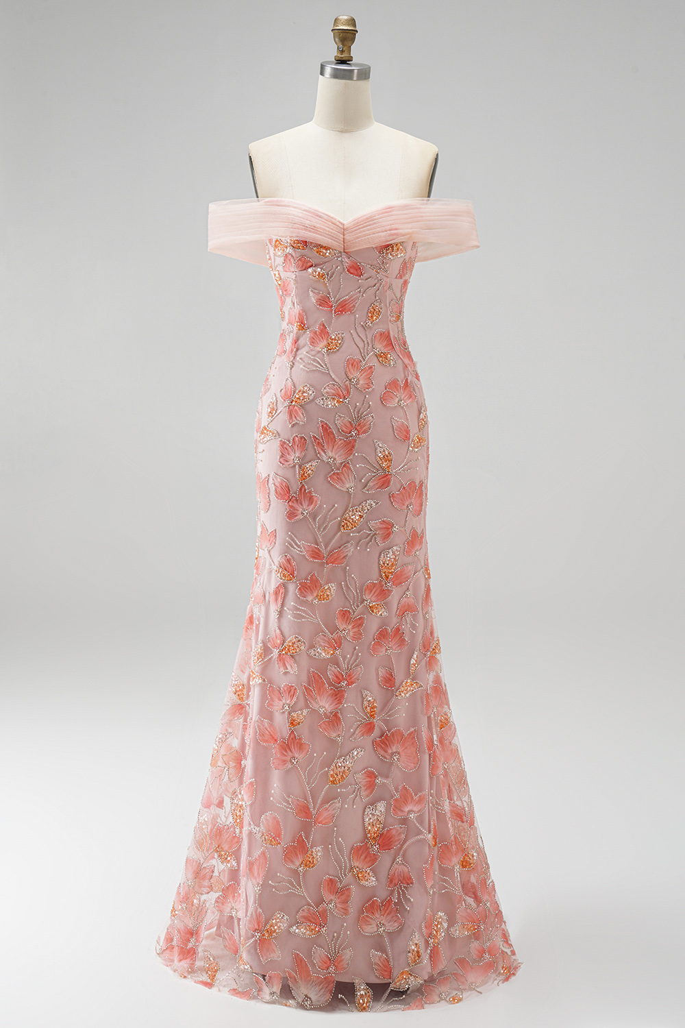 Floral Sparkly Pink Mermaid Long Prom Dress with Rhinestone