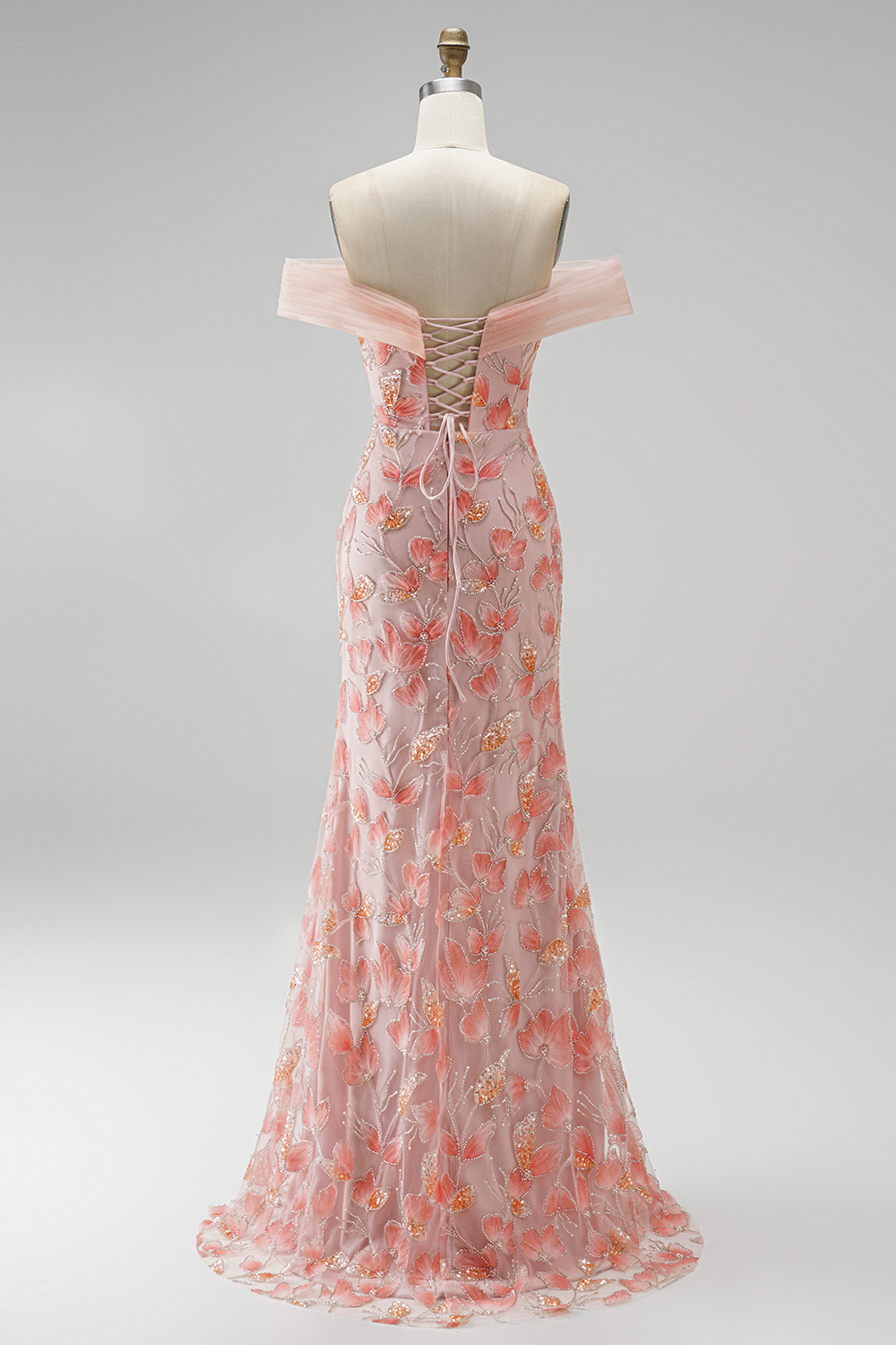 Floral Sparkly Pink Mermaid Long Prom Dress with Rhinestone