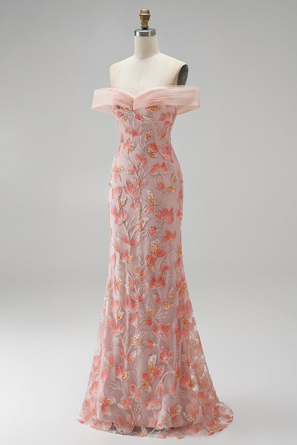 Floral Sparkly Pink Mermaid Long Prom Dress with Rhinestone
