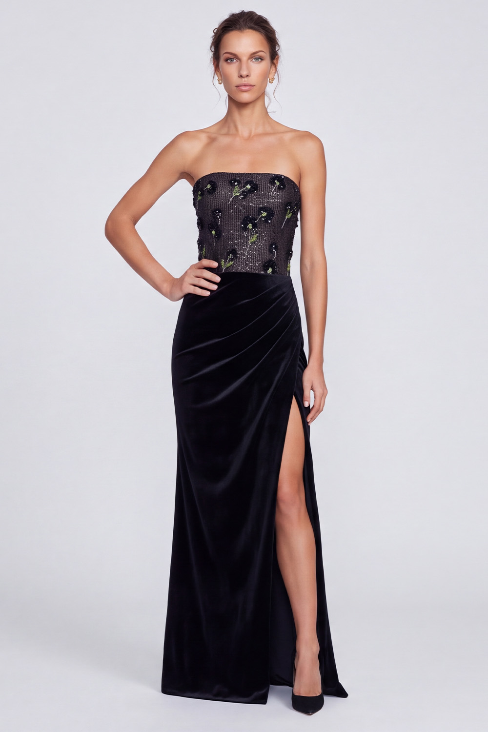 Black Strapless Mermaid Floral Long Holiday Dress with Slit