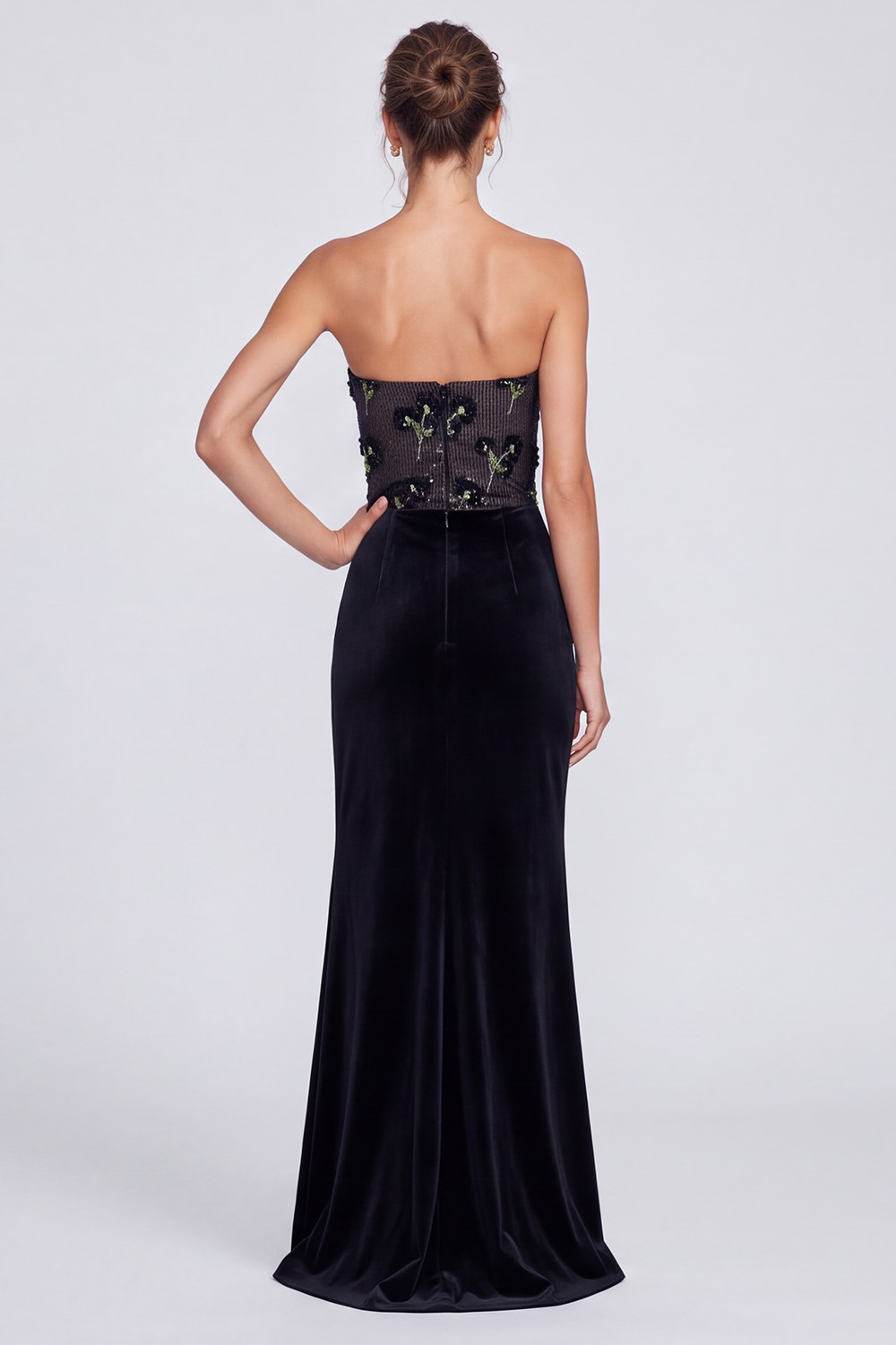 Black Strapless Mermaid Floral Long Holiday Dress with Slit