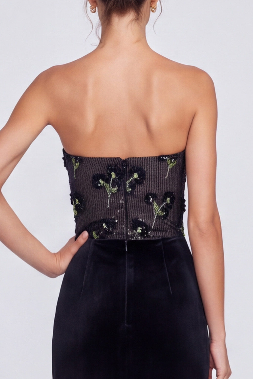 Black Strapless Mermaid Floral Long Holiday Dress with Slit