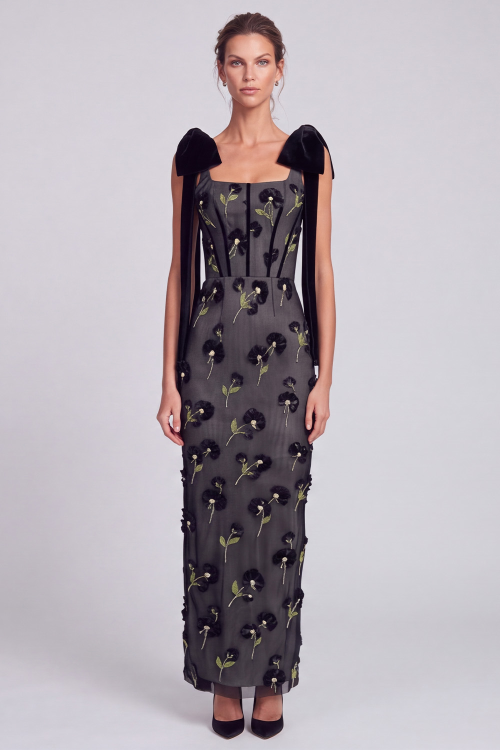 Corset Floral Black Sheath Long Holiday Dress with Bow