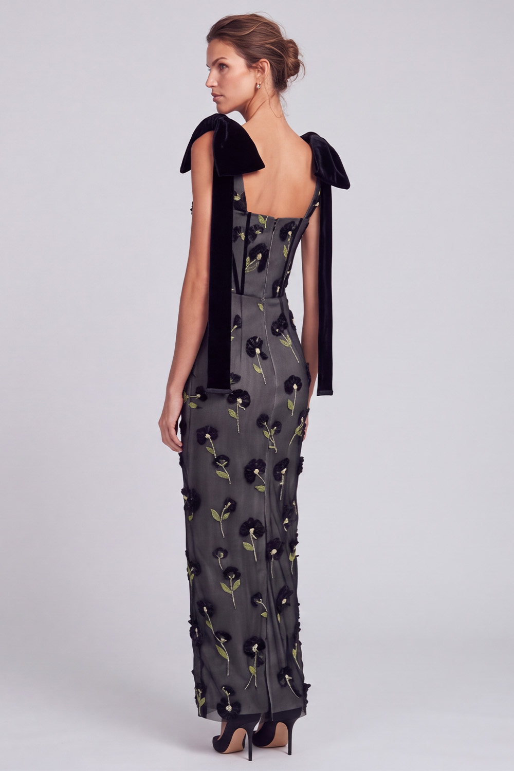 Corset Floral Black Sheath Long Holiday Dress with Bow