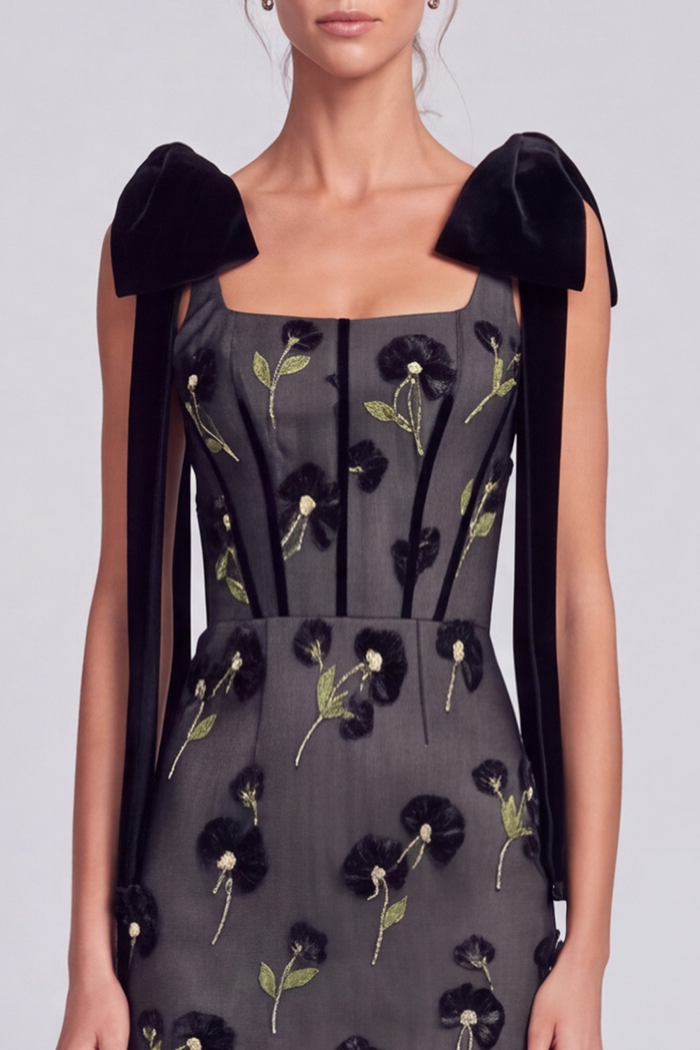 Corset Floral Black Sheath Long Holiday Dress with Bow
