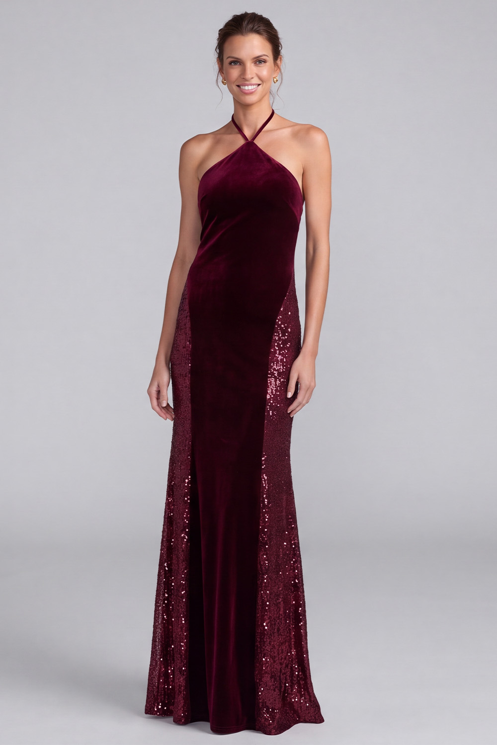 Burgundy Sparkly Mermaid Sequin Velvet Long Holiday Dress 