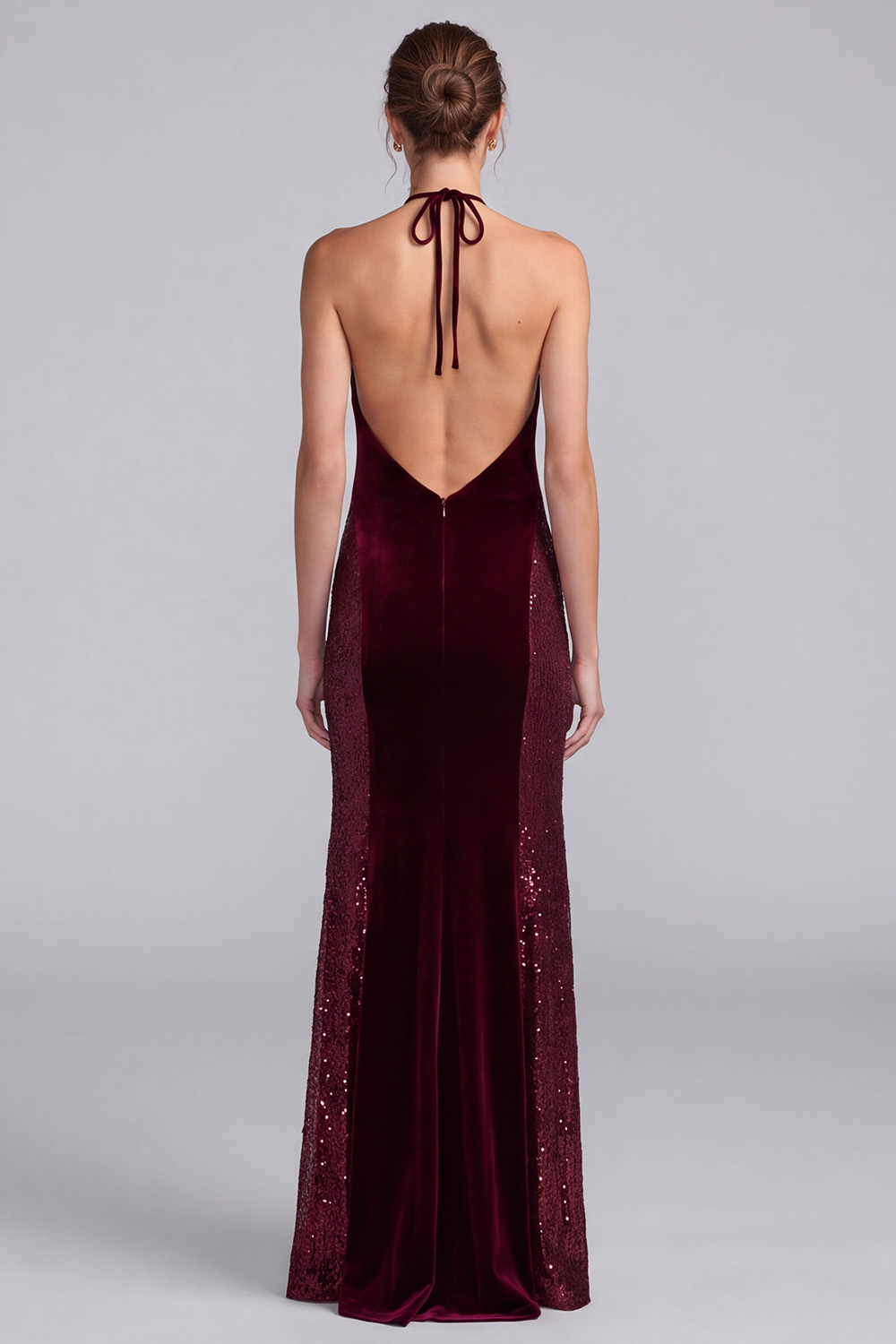 Burgundy Sparkly Mermaid Sequin Velvet Long Holiday Dress 