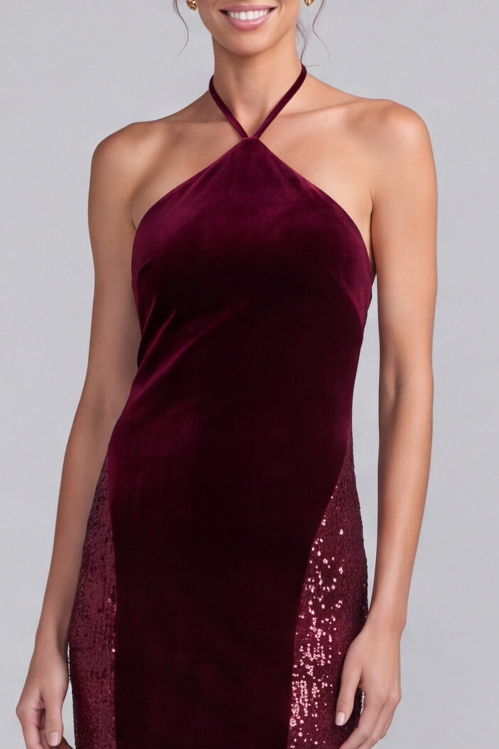 Burgundy Sparkly Mermaid Sequin Velvet Long Holiday Dress 