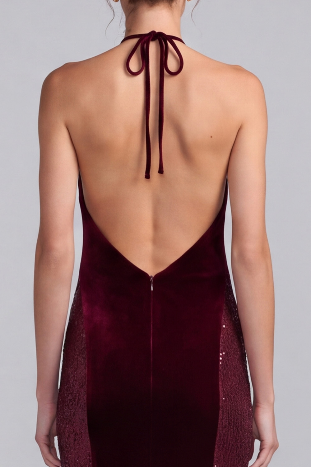 Burgundy Sparkly Mermaid Sequin Velvet Long Holiday Dress 
